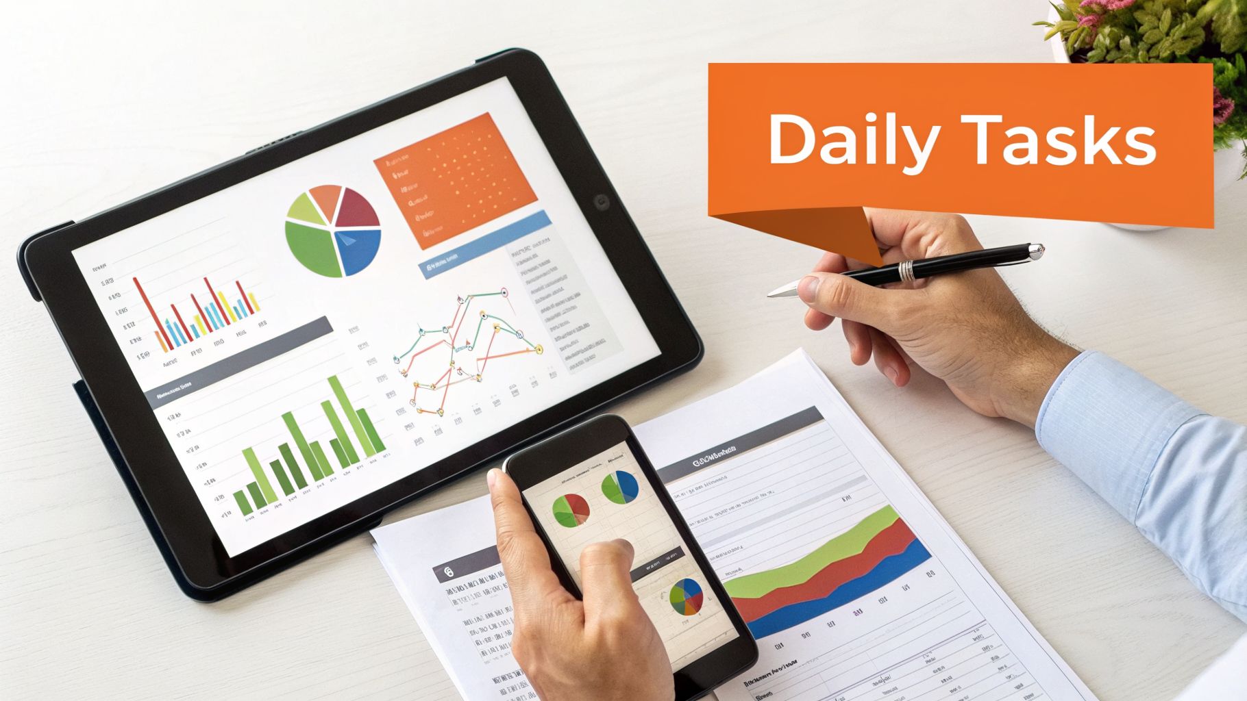 A person reviews business data and graphs on a tablet, smartphone, and paper, managing daily tasks.