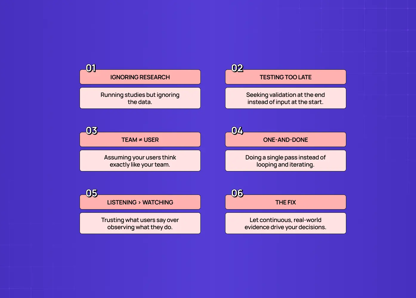 List of frequent user-centered design pitfalls, including ignoring research, testing too late, and relying on assumptions instead of evidence.