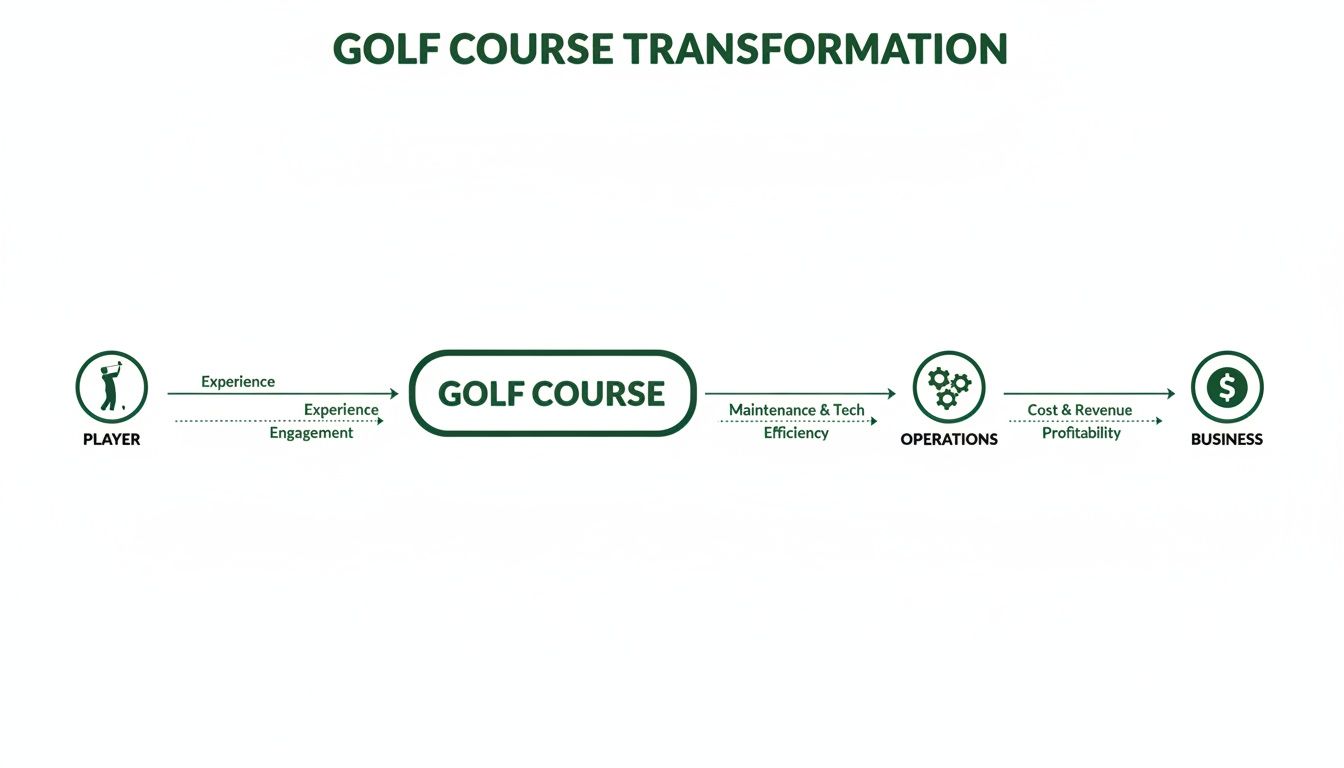 Diagram illustrating golf course transformation from player experience and engagement to business profitability.