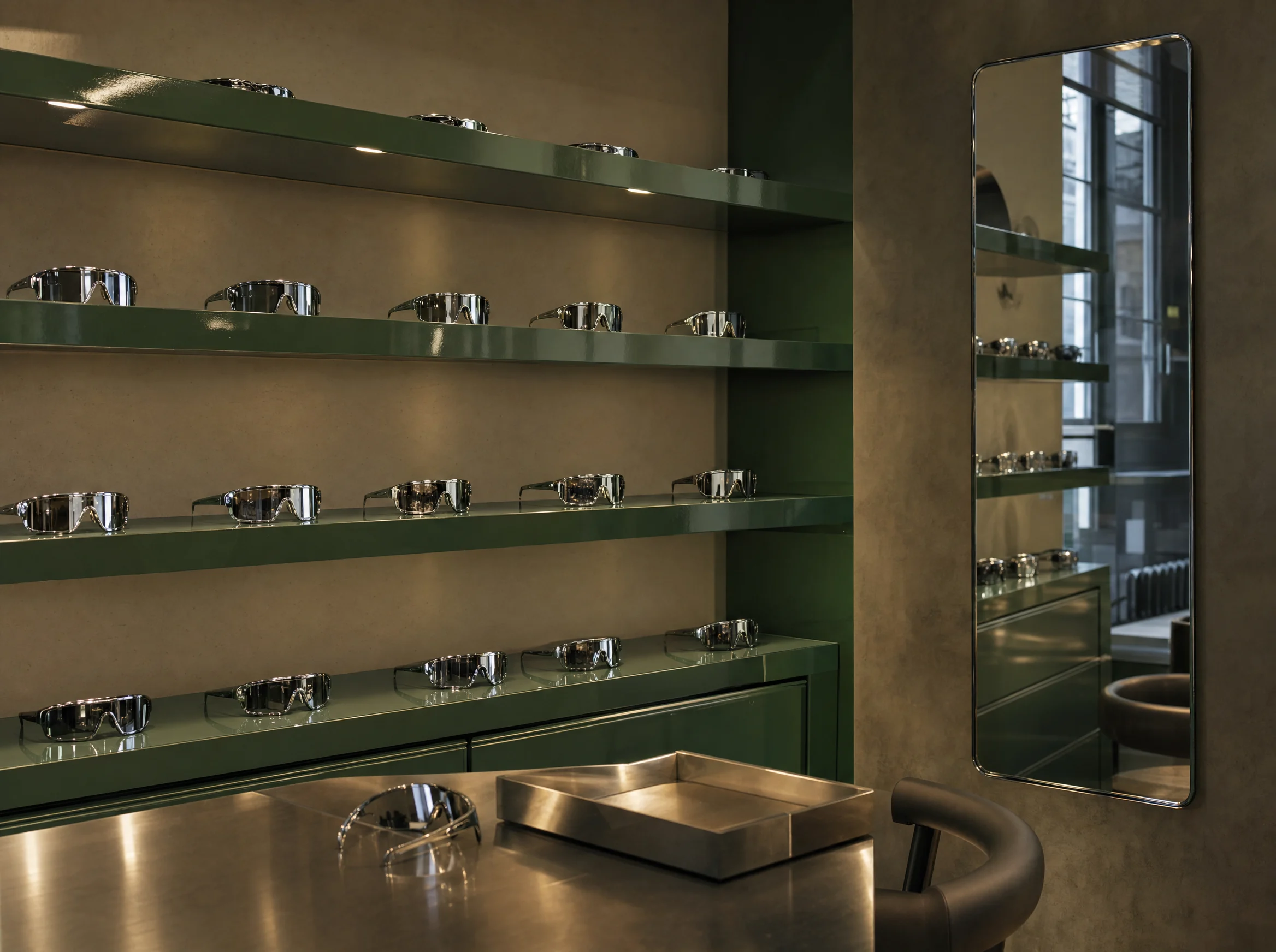 Ferro eyewear shop with chrome sunglasses on green shelves