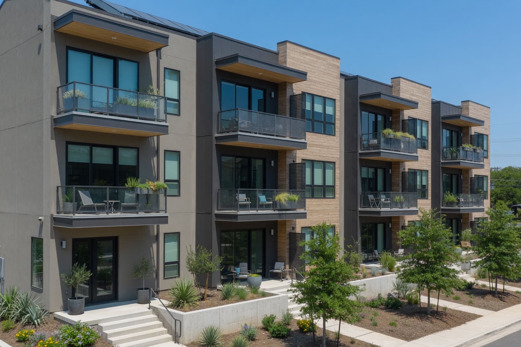 Contemporary apartment complex exterior with balconies and native landscaping