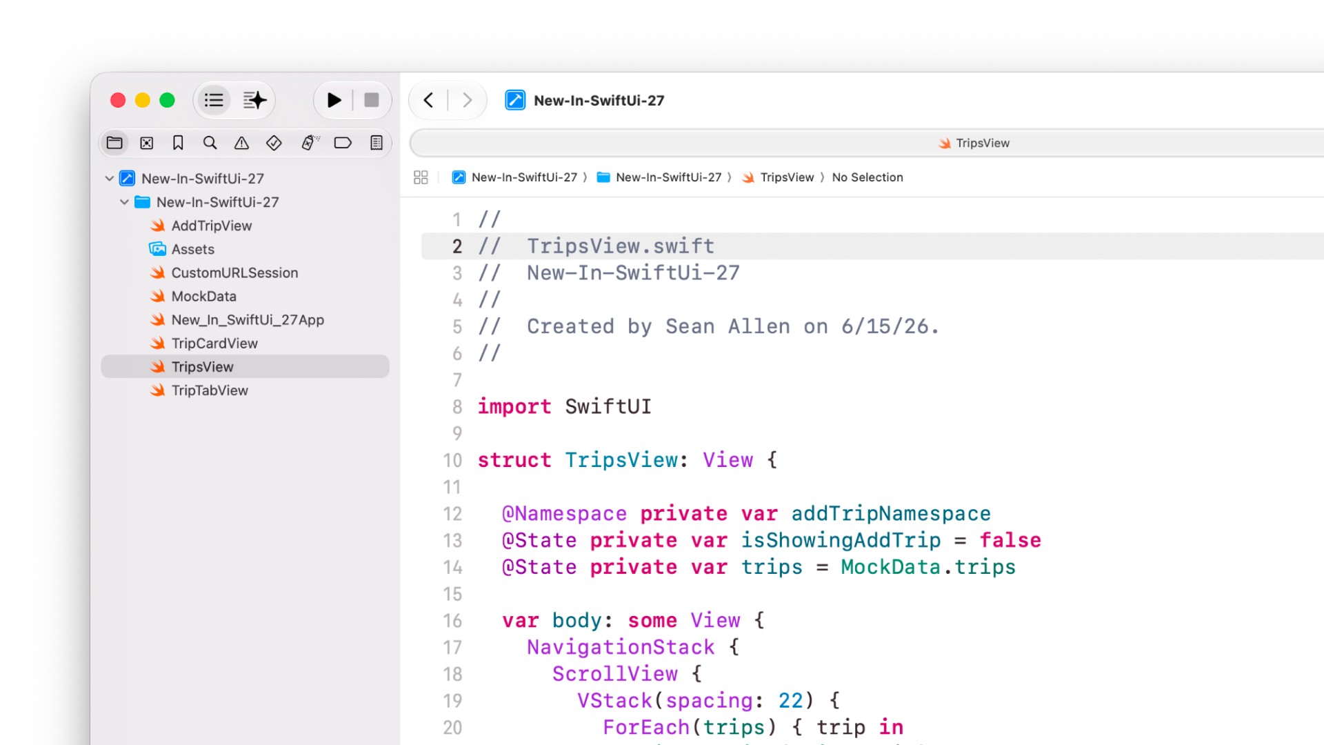 Screenshot of Xcode showing .swift files.