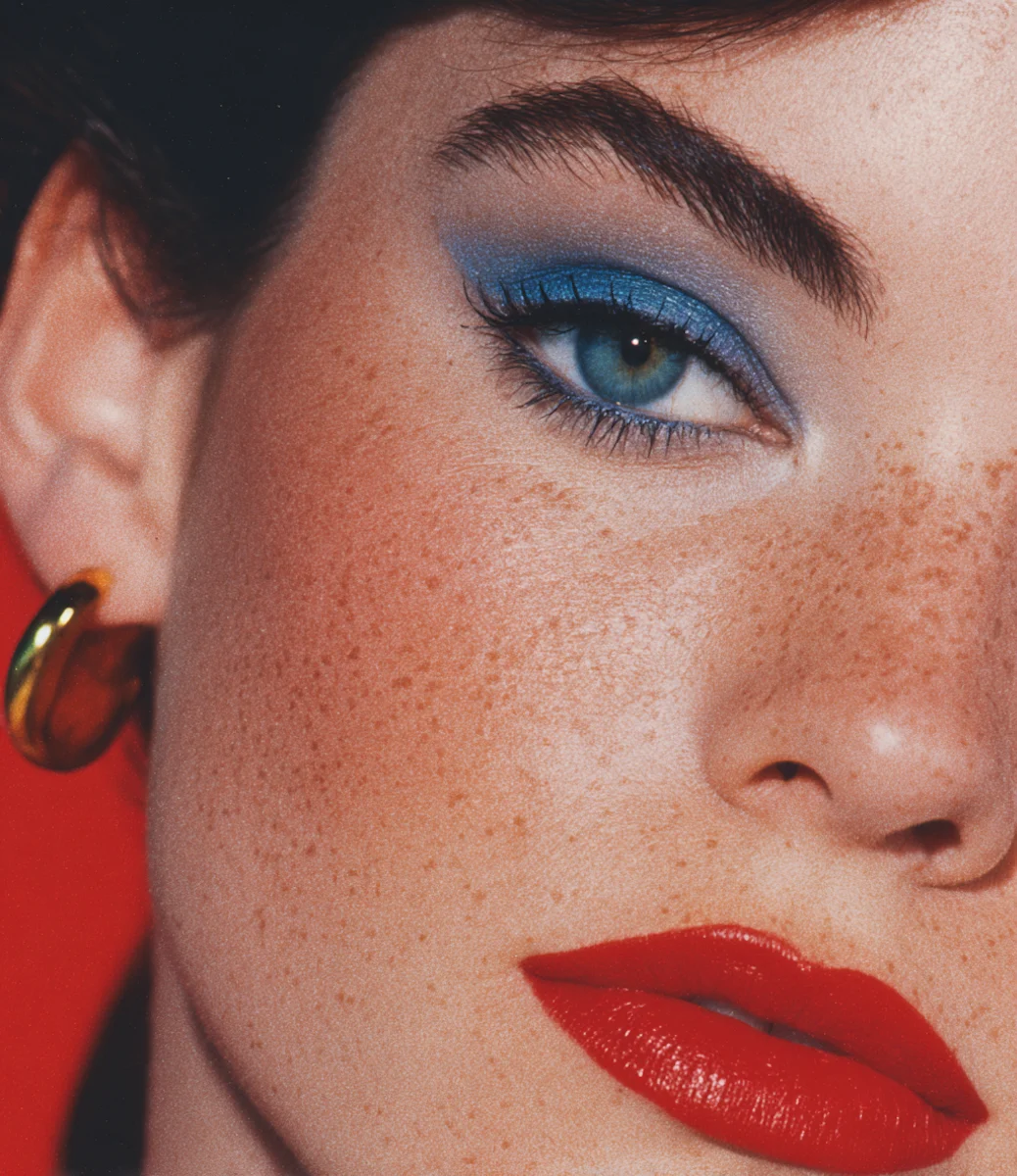 Close-up of a woman with bold blue eye makeup, glossy red lips, and freckles against a vibrant red background.