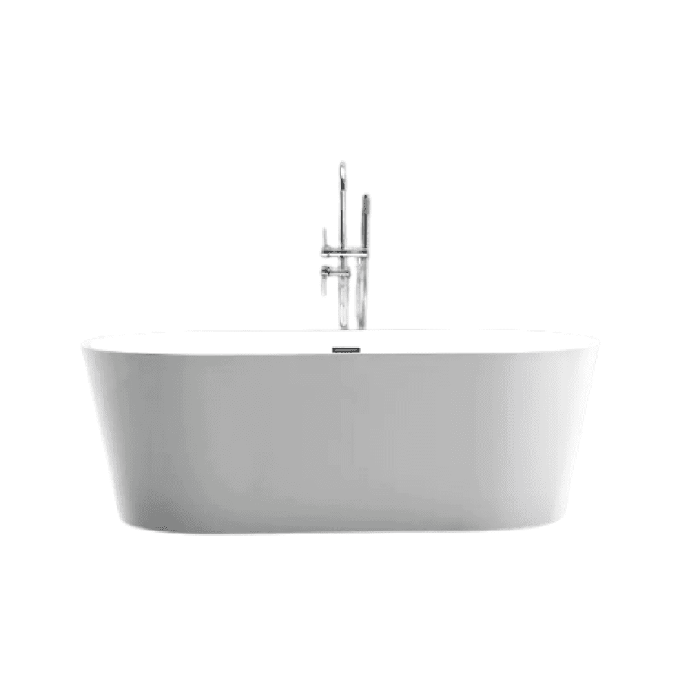 A white claw-foot bathtub with gold fixtures in a rustic, minimalist bathroom.