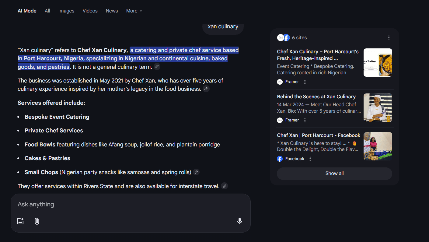 AI Search for Xan Culinary