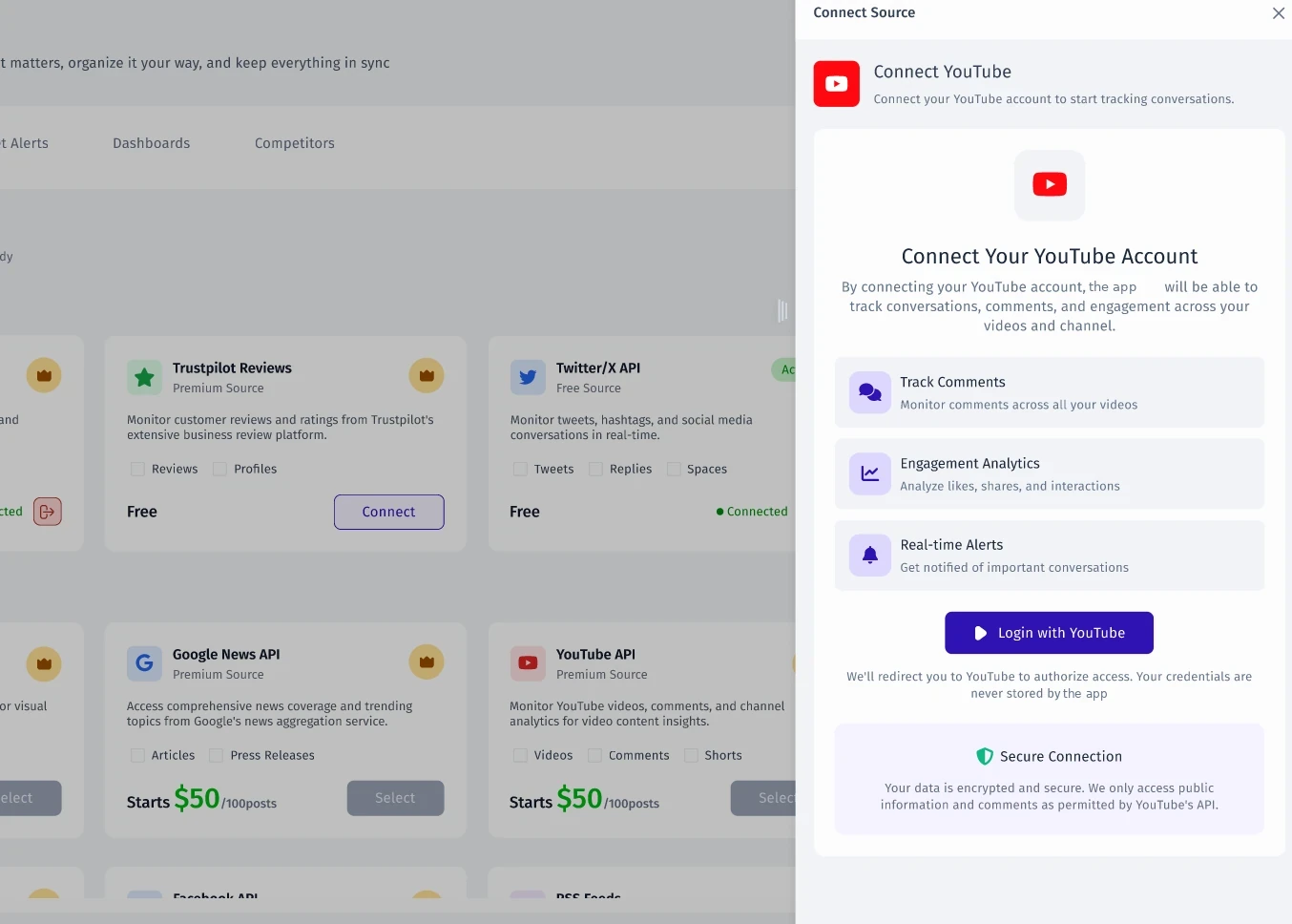 Connect YouTube drawer explaining what will be collected, with a login button.