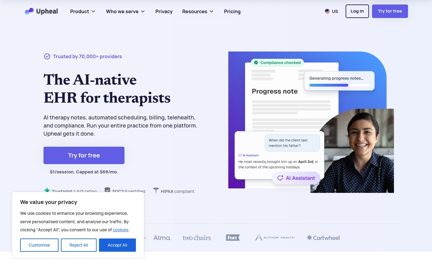 Upheal homepage screenshot