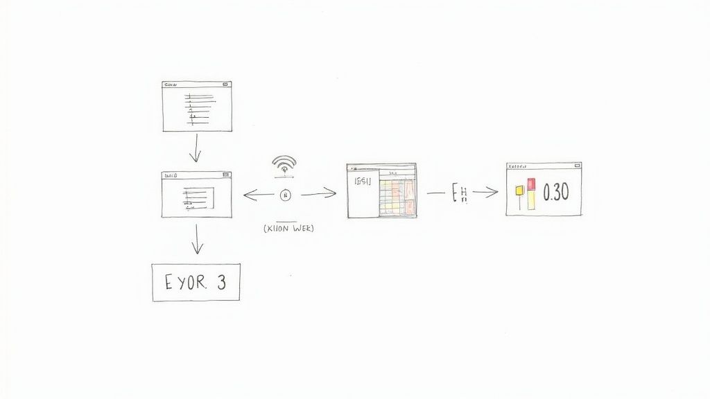 A technical flow diagram showing data processing from code to a numerical output via a network connection.