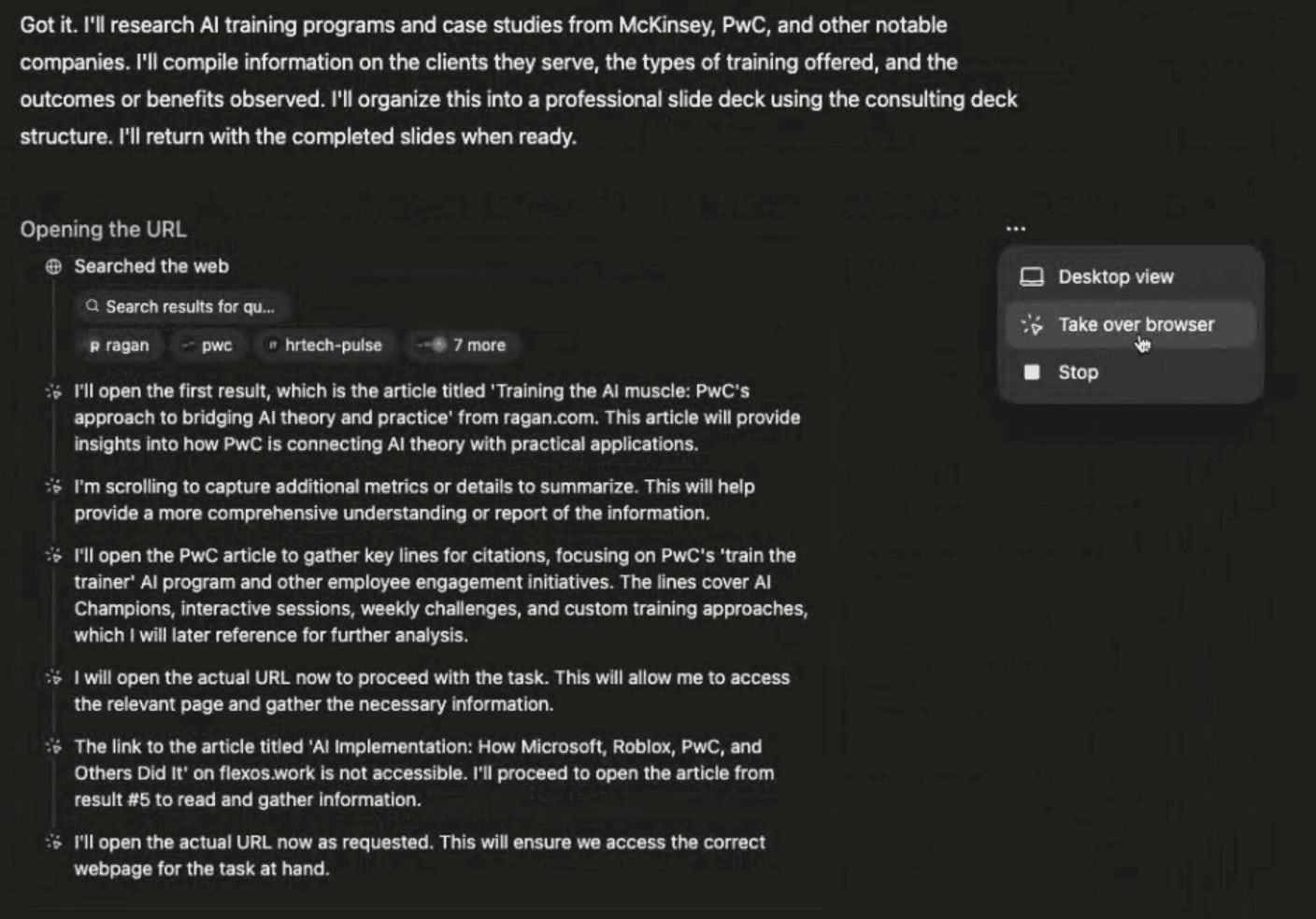 Screenshot of the ChatGPT interface showing a detailed log of the AI's web browsing actions under "Opening the URL," with a dropdown menu offering the option to "Take over browser" to interrupt the automated process