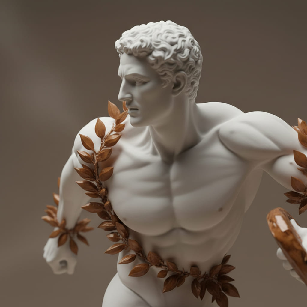 White marble sculpture of a muscular male athlete wrapped in a bronze laurel wreath.