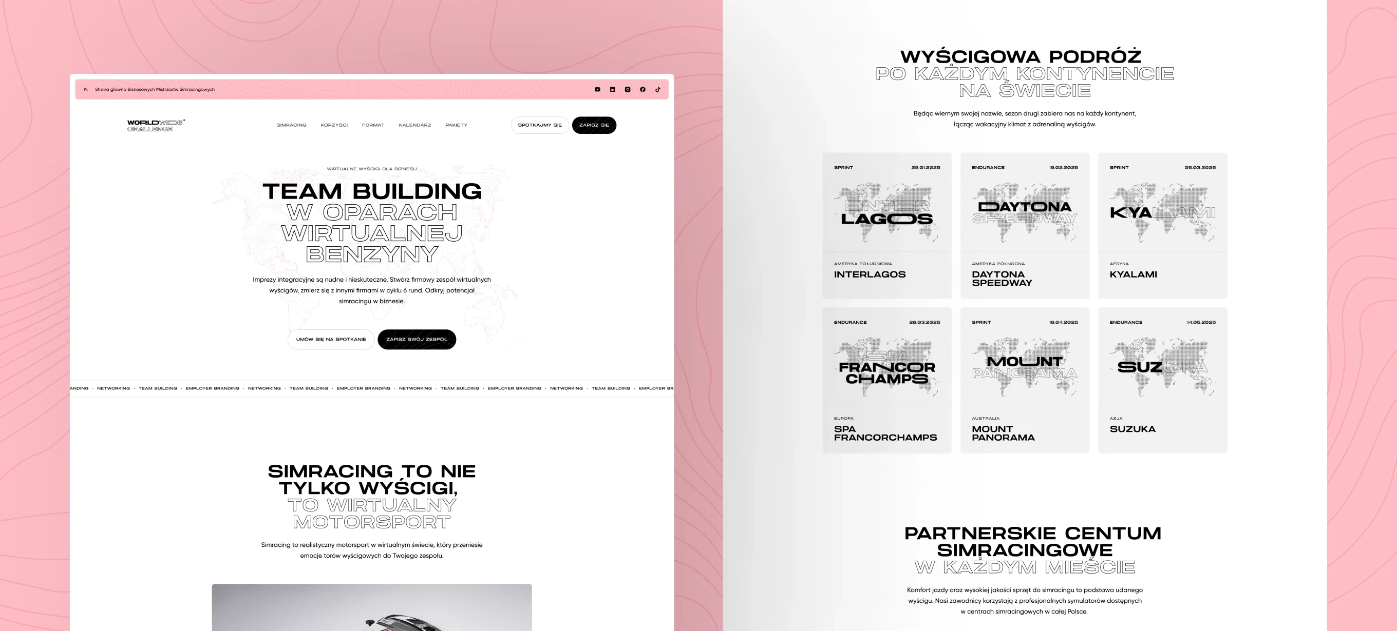 Worldwide Challenge webpage with bold typography, pink accents, and event cards showcasing racing circuits like Interlagos, Daytona, and Suzuka.