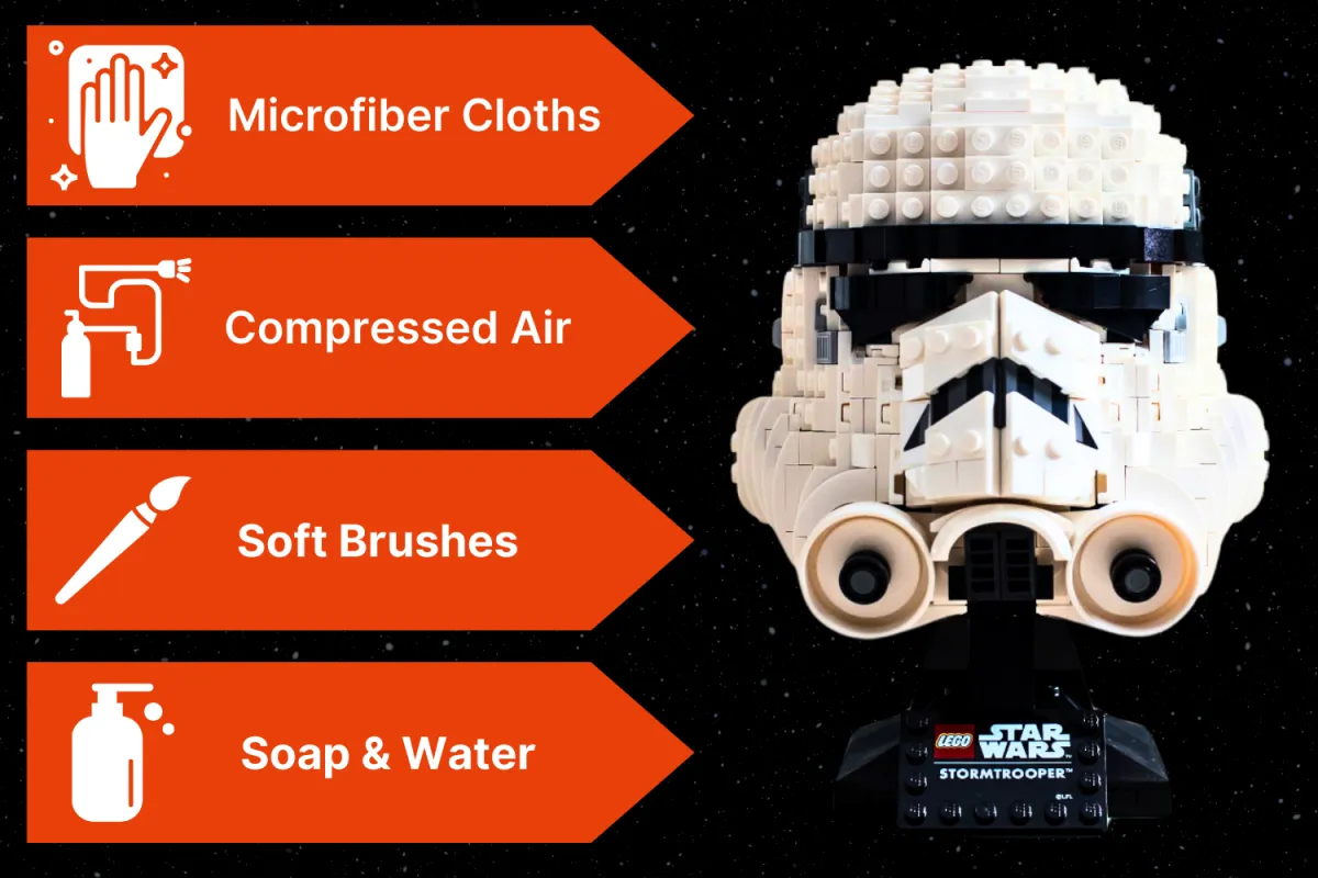 A LEGO Star Wars Stormtrooper helmet set displayed against a starry space background, alongside a list of cleaning methods including microfiber cloths, compressed air, soft brushes, and soap and water.