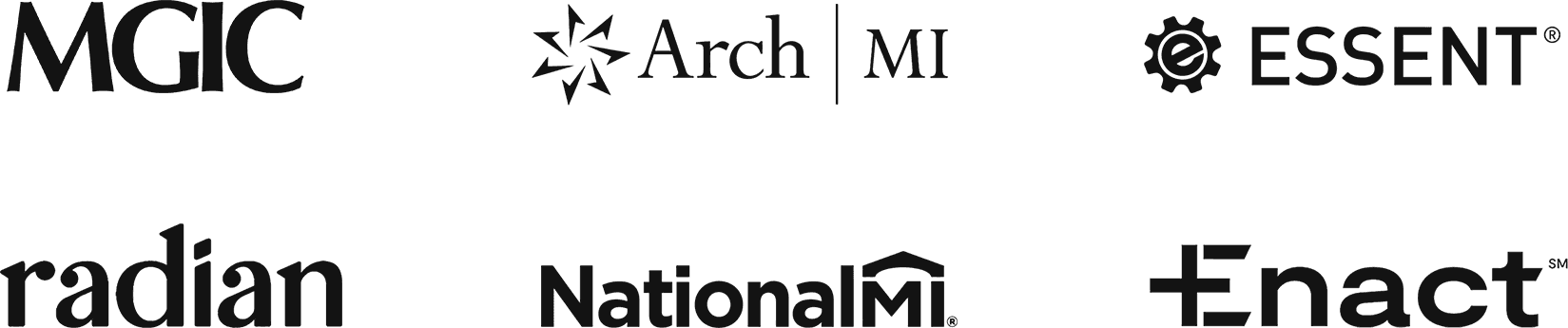 In order, the logos of: MGIC, Arch MI, Essent, radian, NatioalMI, Enact.