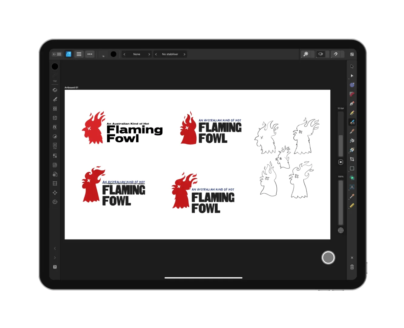 An iPad Pro screen displaying a design artboard with four variations of the Flaming Fowl logo in red and black, alongside several line-art sketches of the rooster mascot.