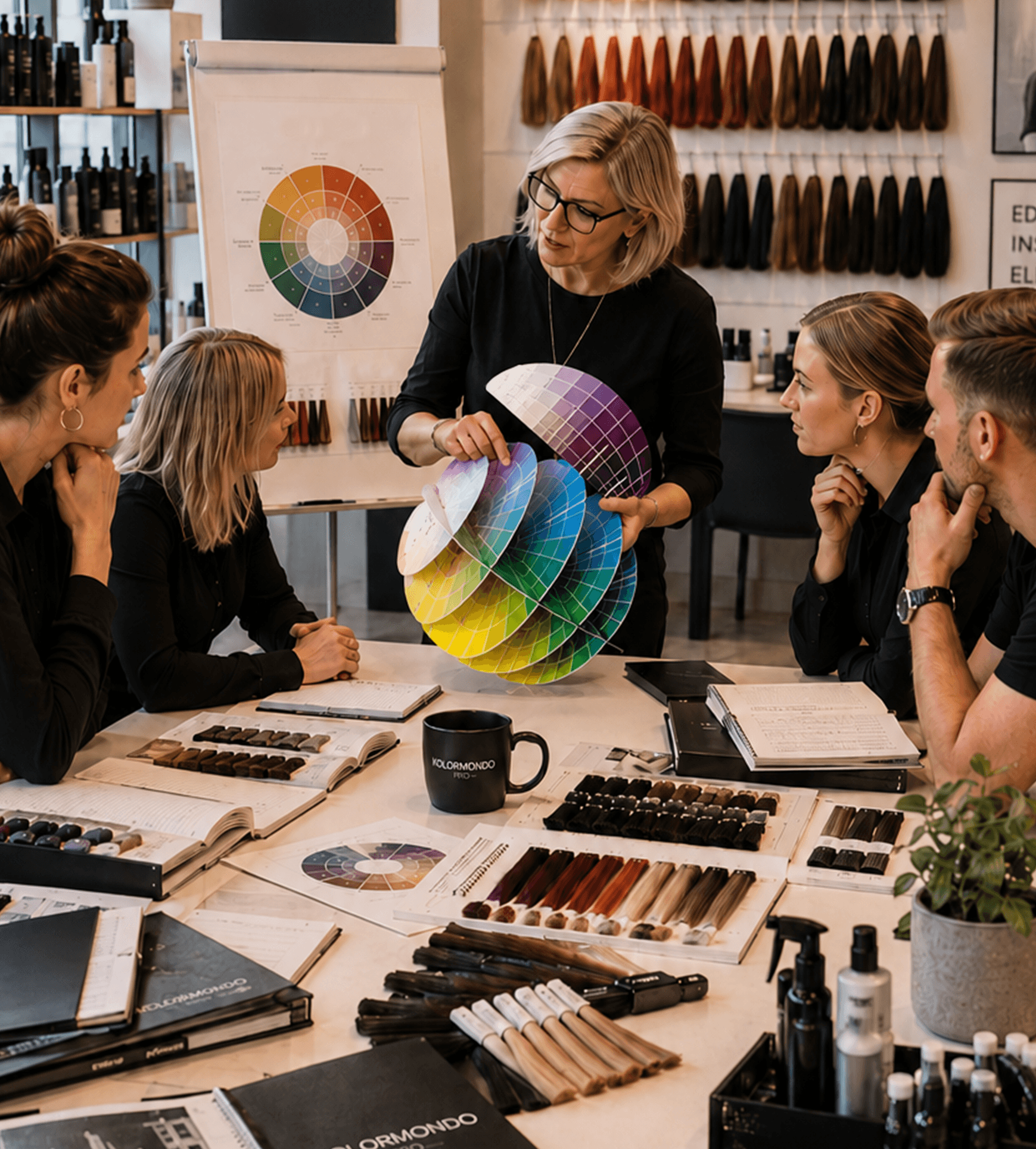 Instructor demonstrates the Kolormondo 3D color globe during professional hair color training with students around a table.