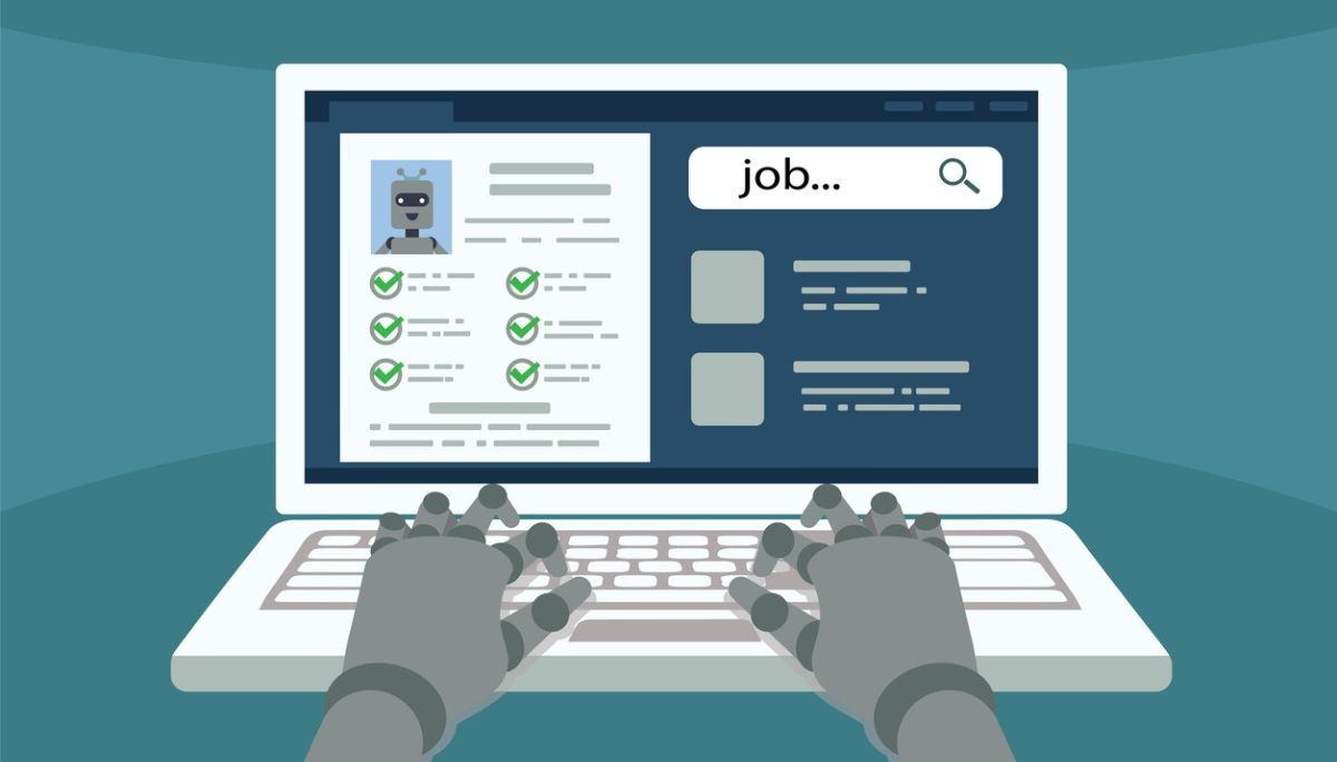 Illustration of a robot using a laptop to search for jobs, with a digital resume and job listings on screen, symbolizing the rise of AI-powered automation in job applications and resume submission processes.