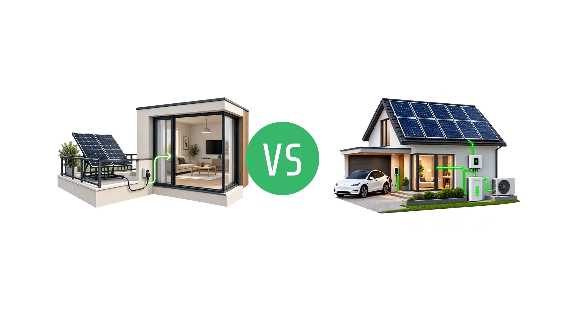 Plug-in solar panels compared with a rooftop solar smart energy home with battery storage, EV charging and heat pump