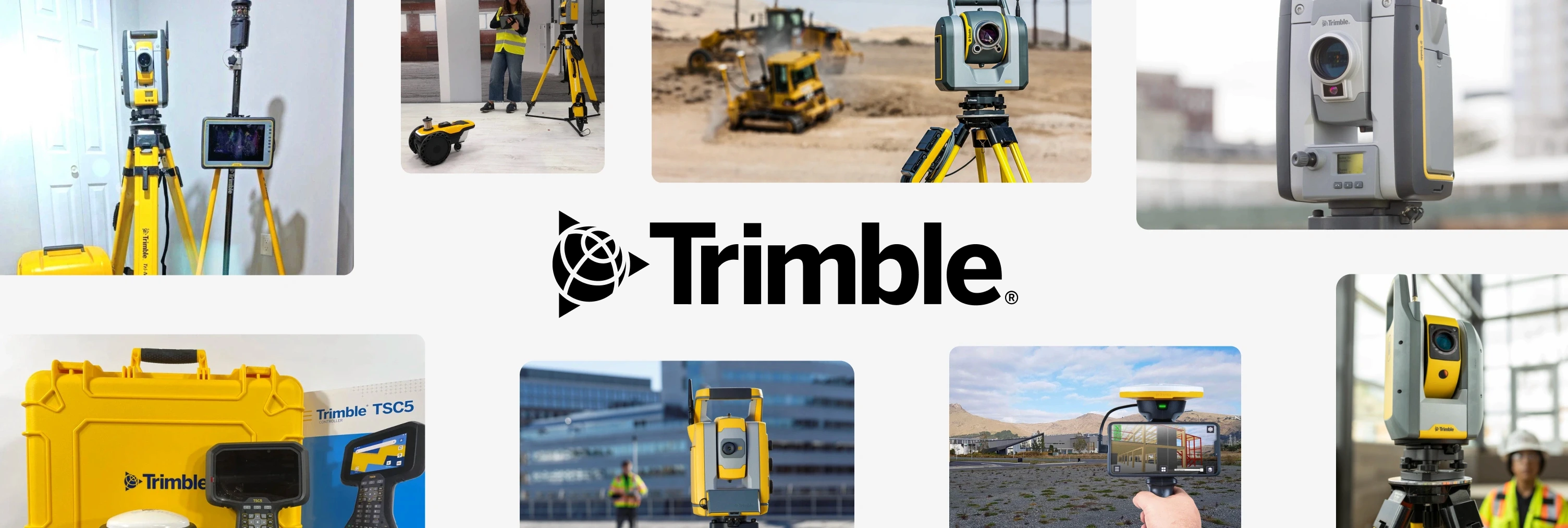 Trimble logo surrounded by total stations, laser scanners and GNSS field equipment used for construction surveying