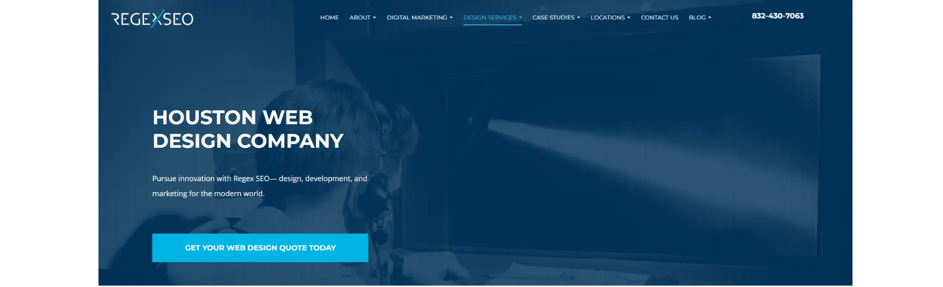 Regex SEO homepage showing integrated web design and SEO agency in Houston