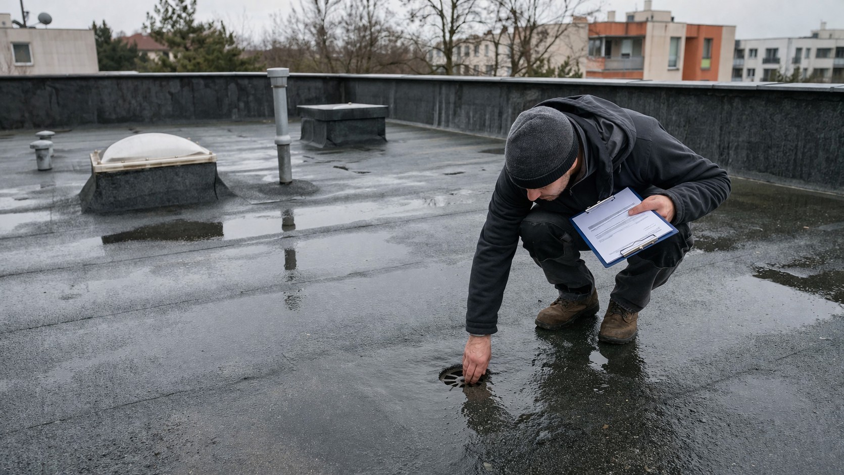Professionnel vérifiant l’évacuation d’eau sur une toiture terrasse humide lors d’un entretien de toiture avec contrôle du drainage et de l’étanchéité