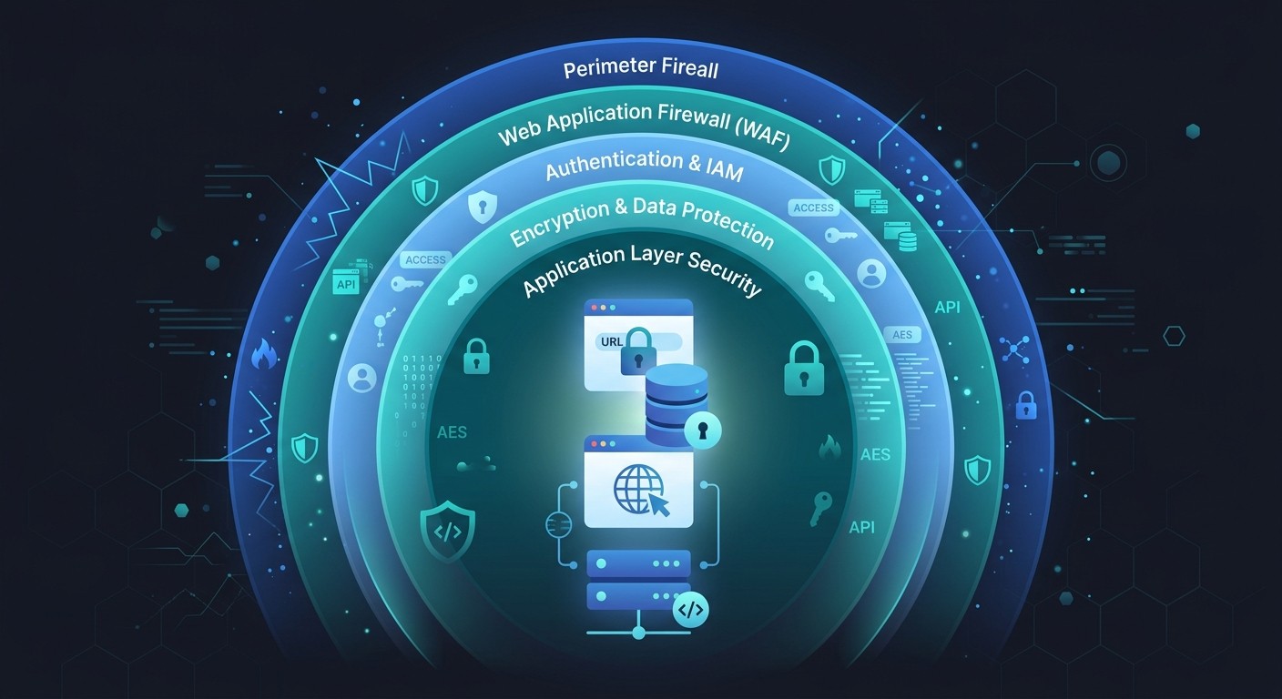 Illustration of layered security shields protecting web and database systems
