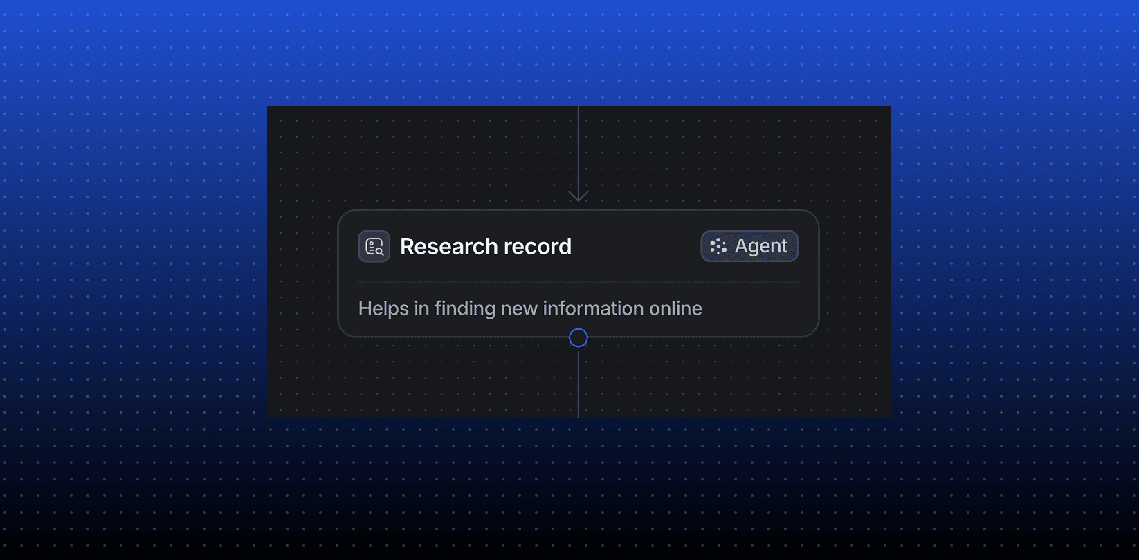Workflow block titled ‘Research record’ (Agent) with subtitle ‘Helps in finding new information online.’
