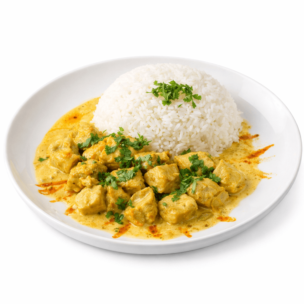 An overhead shot of Patatas Bravas or seasoned roasted potatoes, drizzled with a creamy white aioli sauce and sprinkled with chives, served on a dark gray plate alongside a small bowl of spicy red sauce.