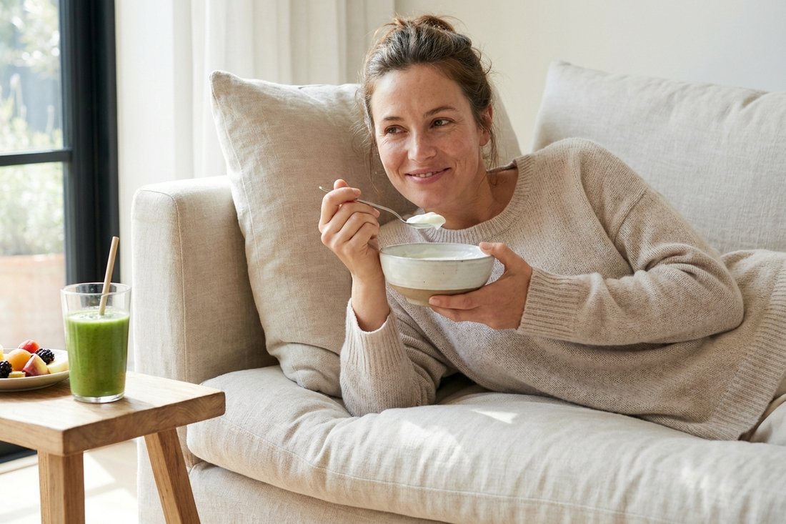 Patient recovering at home eating soft, cool foods after a tooth extraction