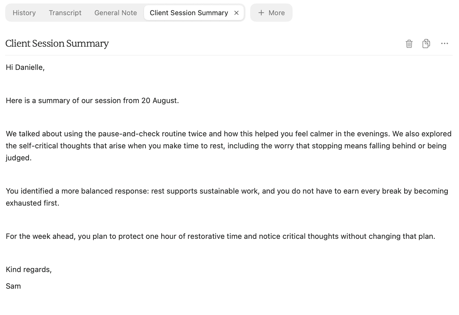 An edited Client Session Summary addressed to Danielle, with a session recap and next steps.