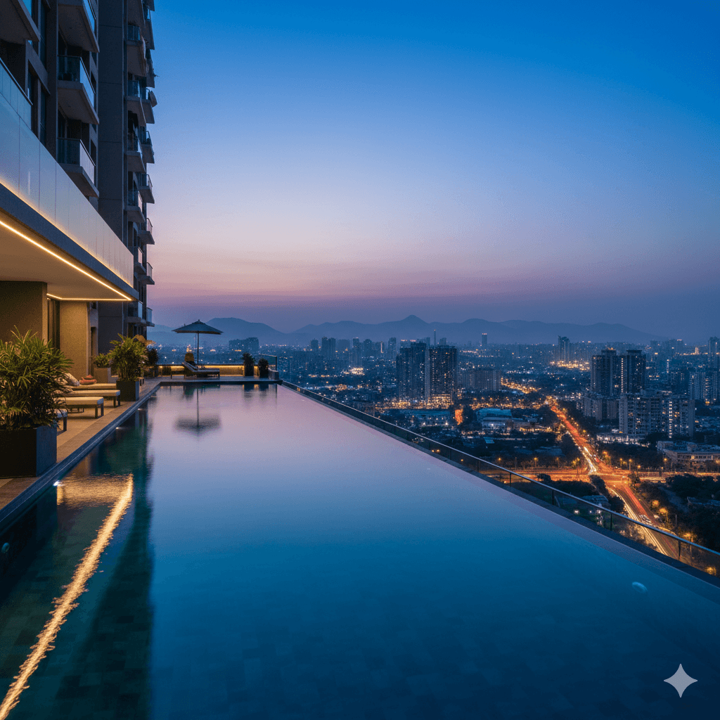 Luxury rooftop infinity pool overlooking the Gurgaon city skyline at night