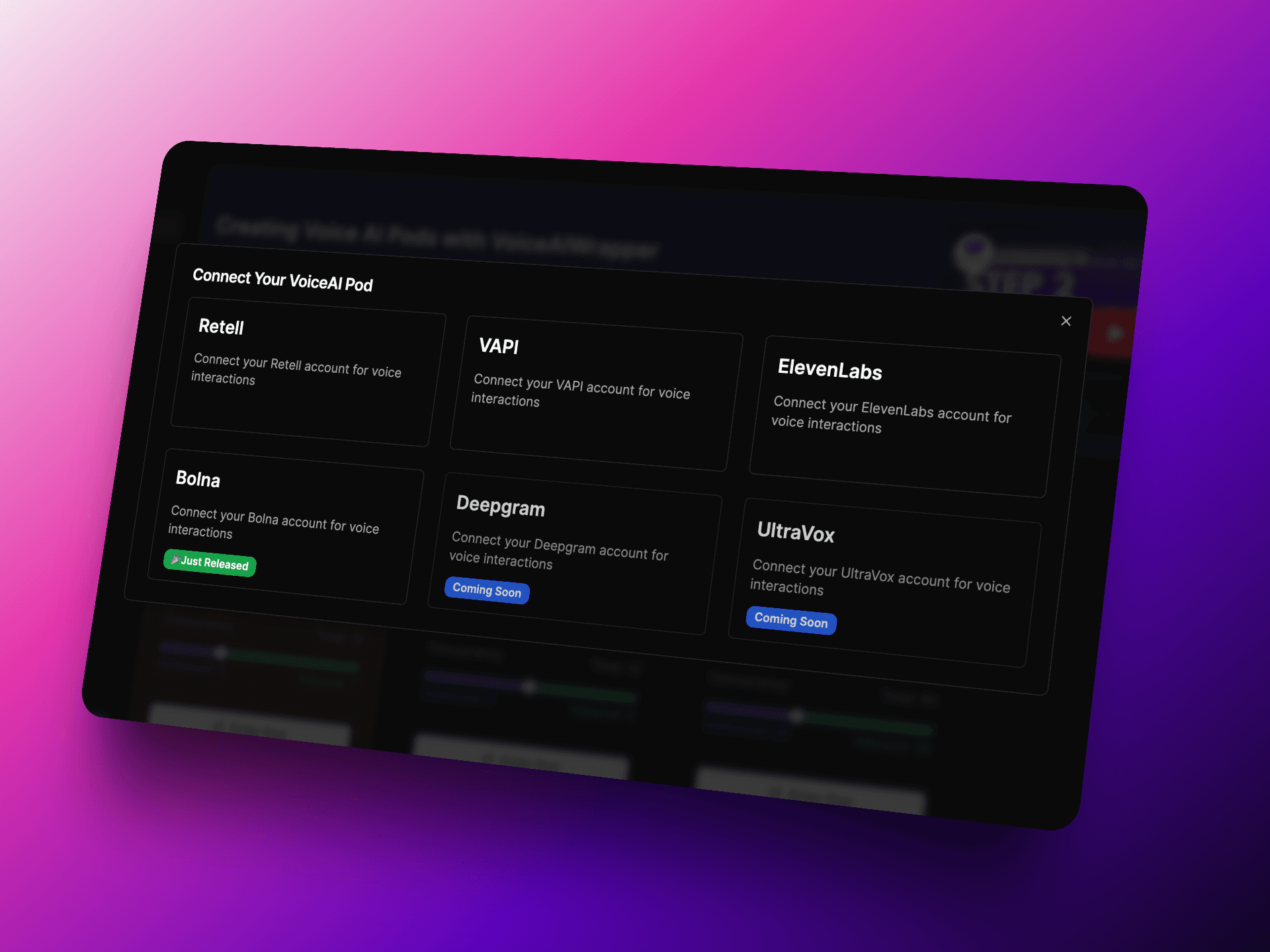 Voicerr alternative VoiceAI Pod dashboard showing multi-provider voice AI integrations including Retell, VAPI, ElevenLabs, Bolna, Deepgram, and UltraVox for white label voice solutions. | VoiceAIWrapper