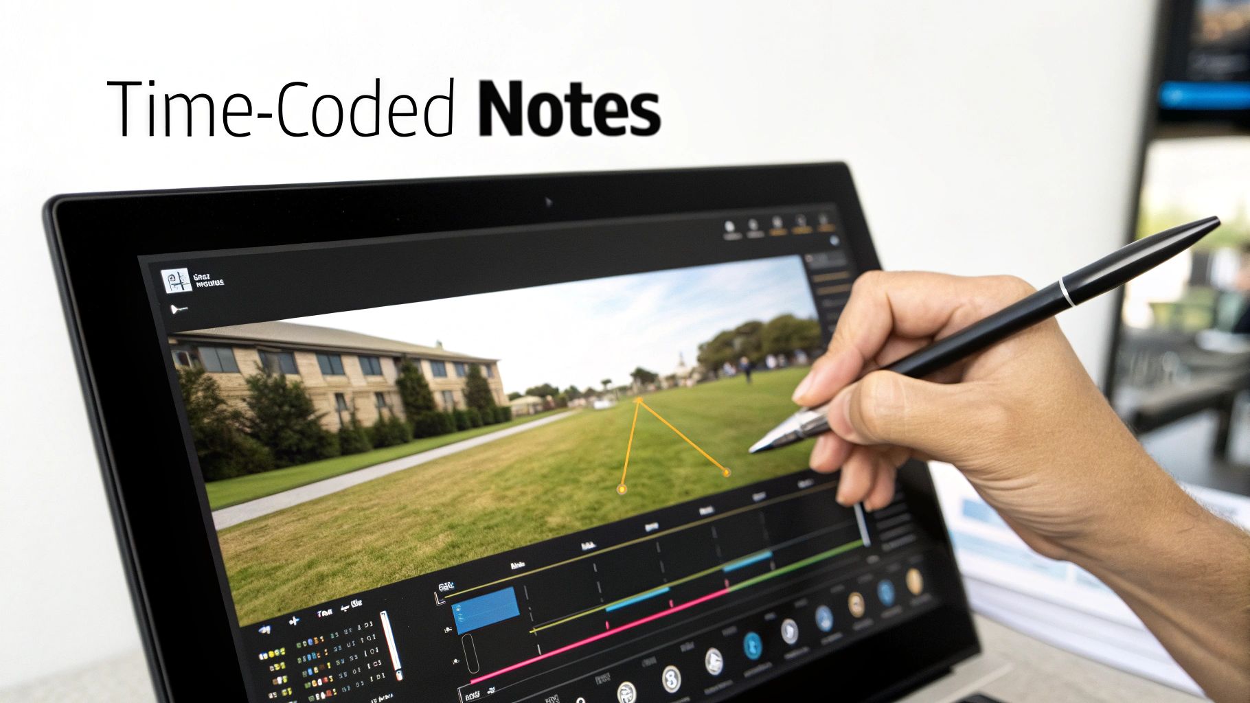 A split-screen showing a video timeline with comments on one side and the video player on the other, visualizing the core features.