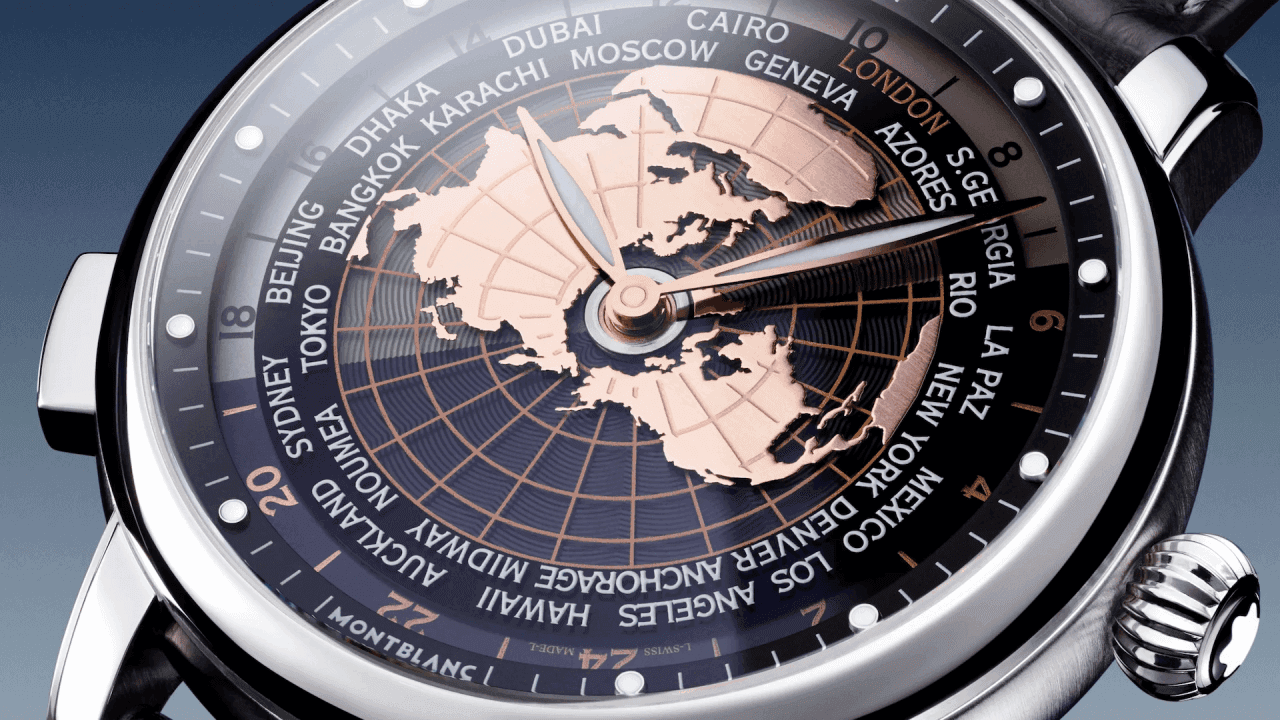 Luxury watch with world time zone display featuring world map dial and city names