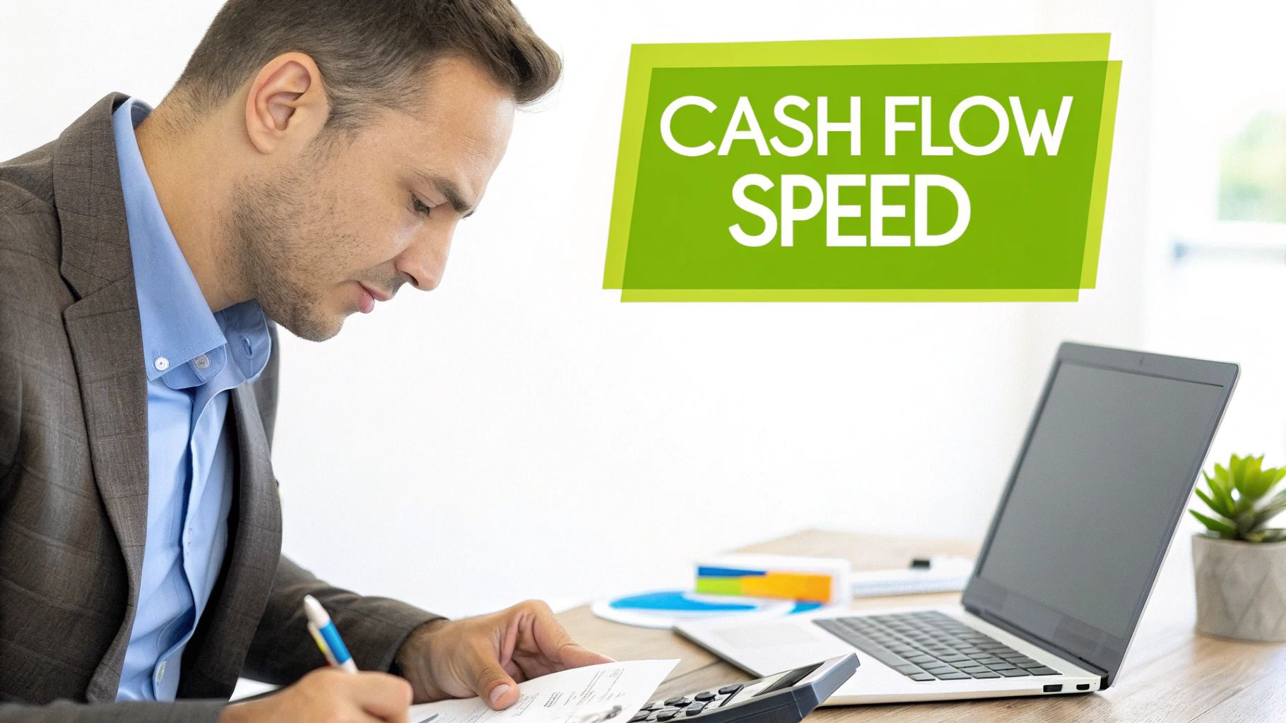 A businessman calculating finances at a desk with a calculator and laptop, focusing on cash flow speed.