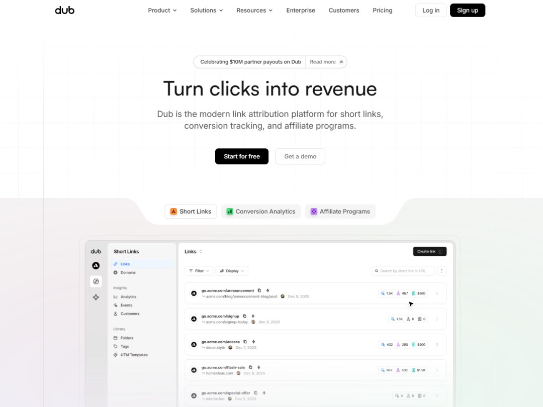 Dub website hero section with 3 different tabs that show different screenshots of the product