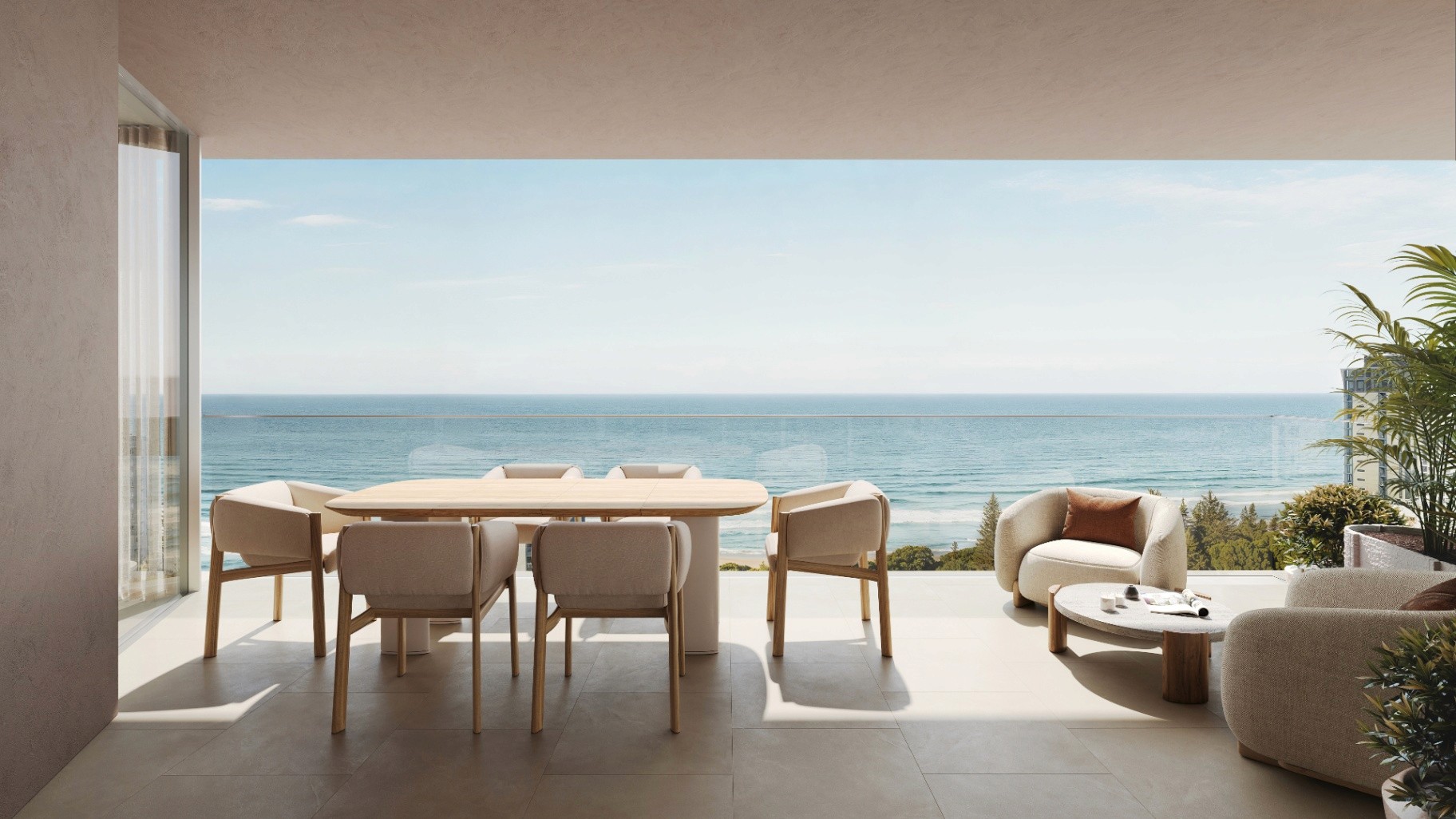 Camilla Broadbeach private terrace with outdoor dining and uninterrupted views across the Gold Coast shoreline.