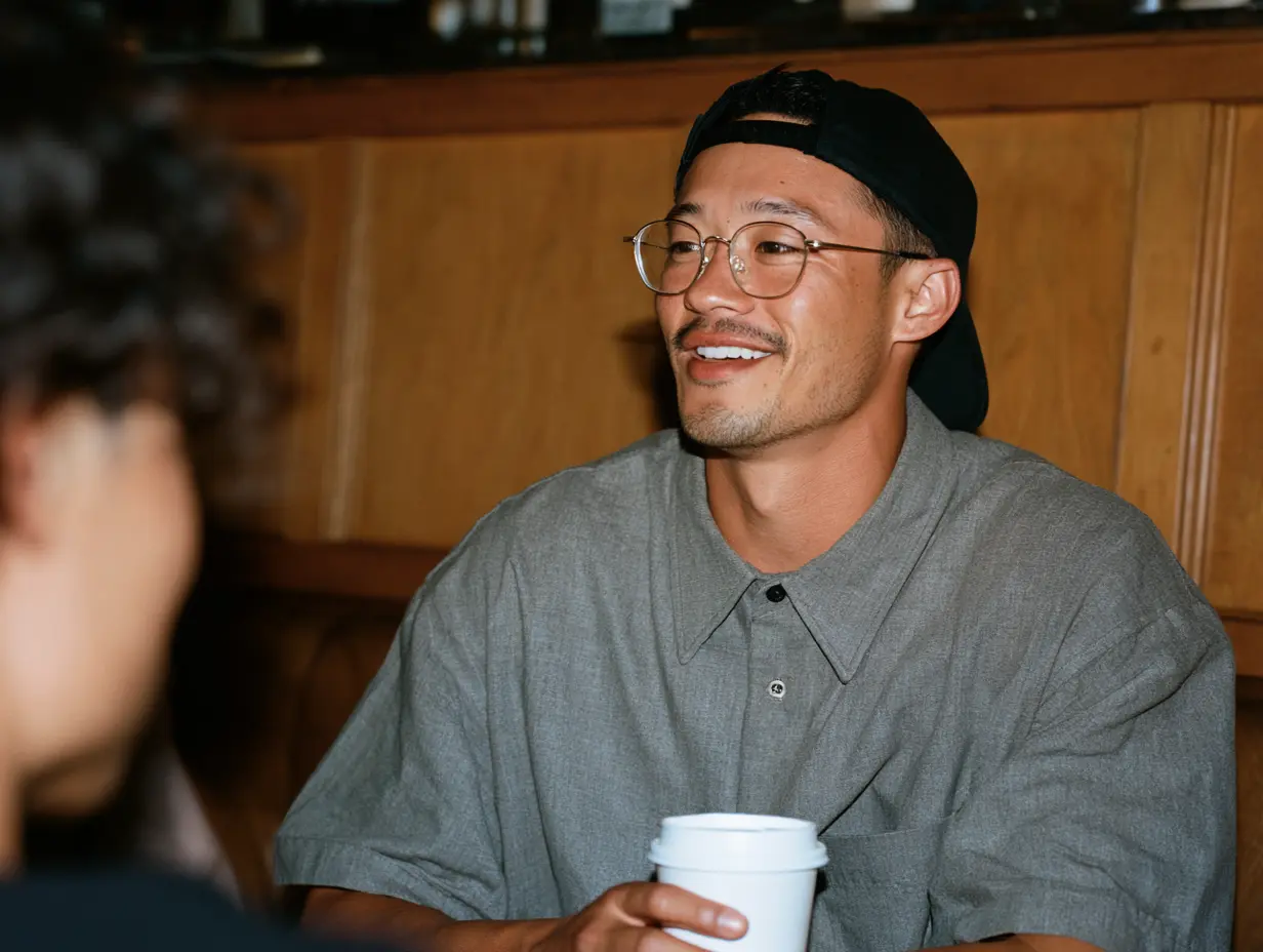 Smiling man in a Malbon bucket hat holding a coffee cup while chatting