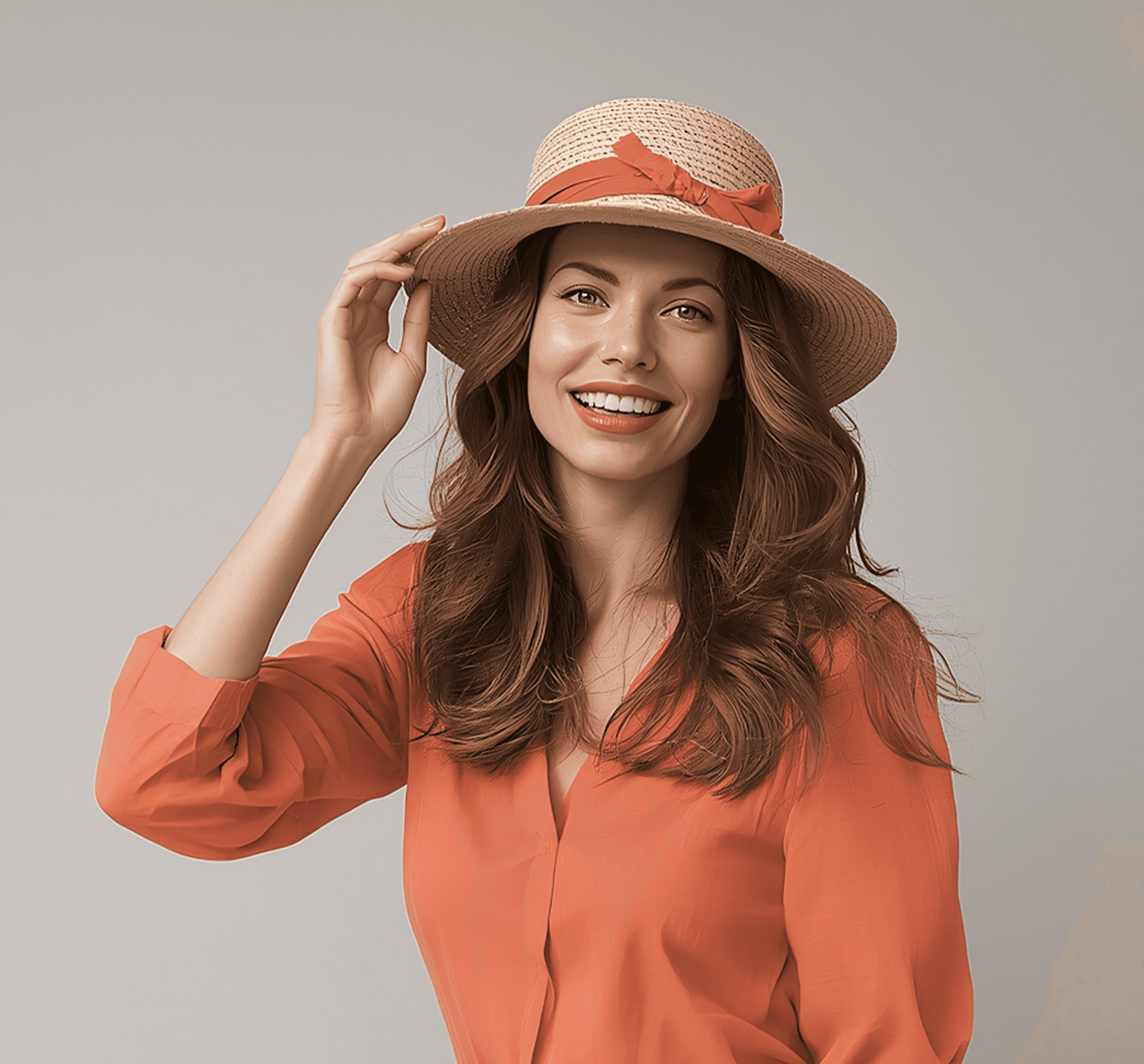 Smiling person in straw hat with orange ribbon and blouse against plain light background