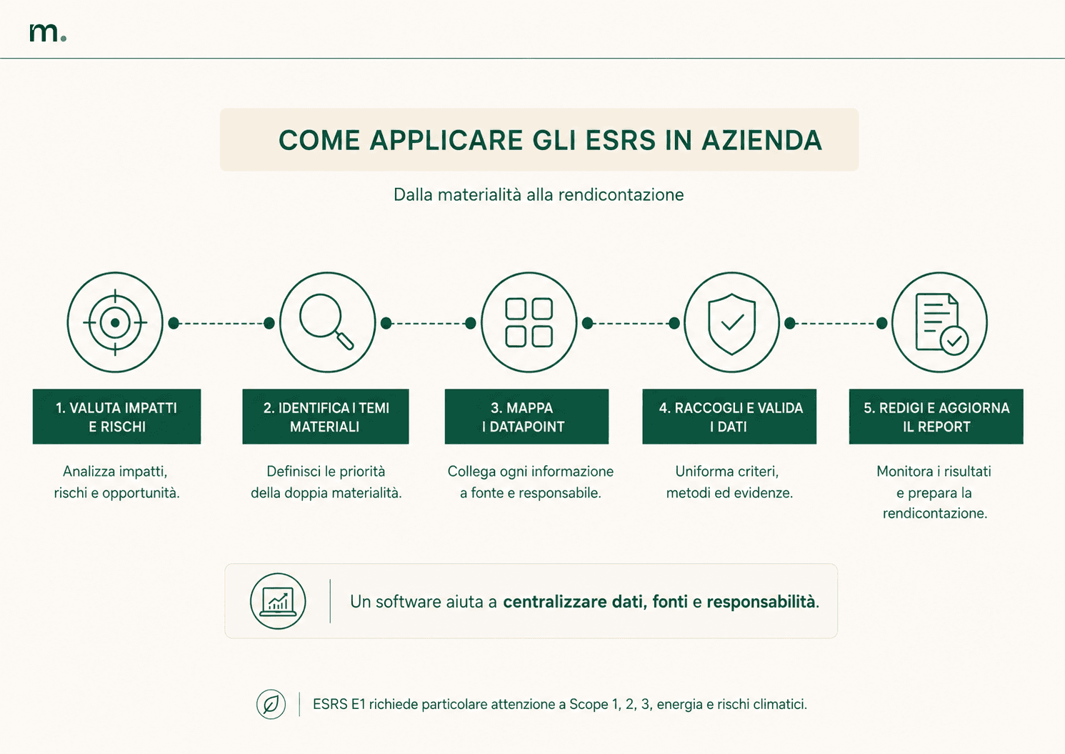 Infografica in cinque fasi per applicare gli ESRS in azienda: valutazione di impatti e rischi, doppia materialità, mappatura dei datapoint, raccolta dati e redazione del report.