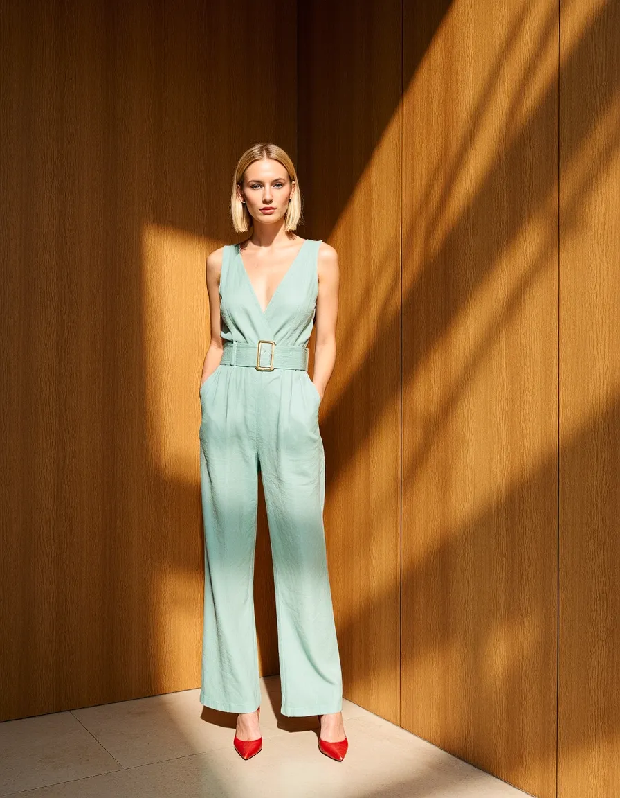 Woman in mint green belted jumpsuit with red heels against warm wooden wall with dramatic window light shadows