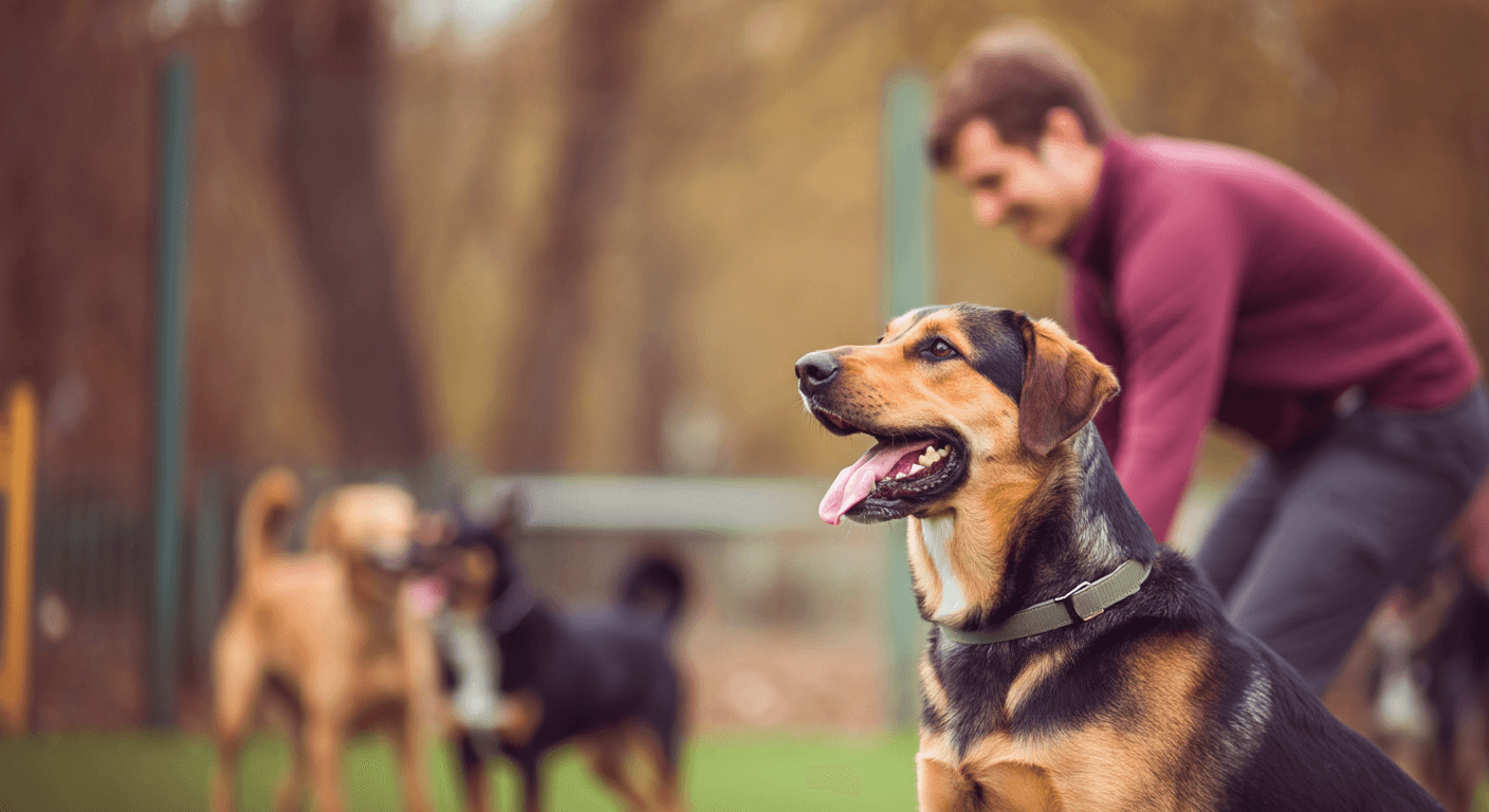 In the foreground is a happy, relaxed dog being trained, whilst the trainer and other dogs are in the background (out of focus)
