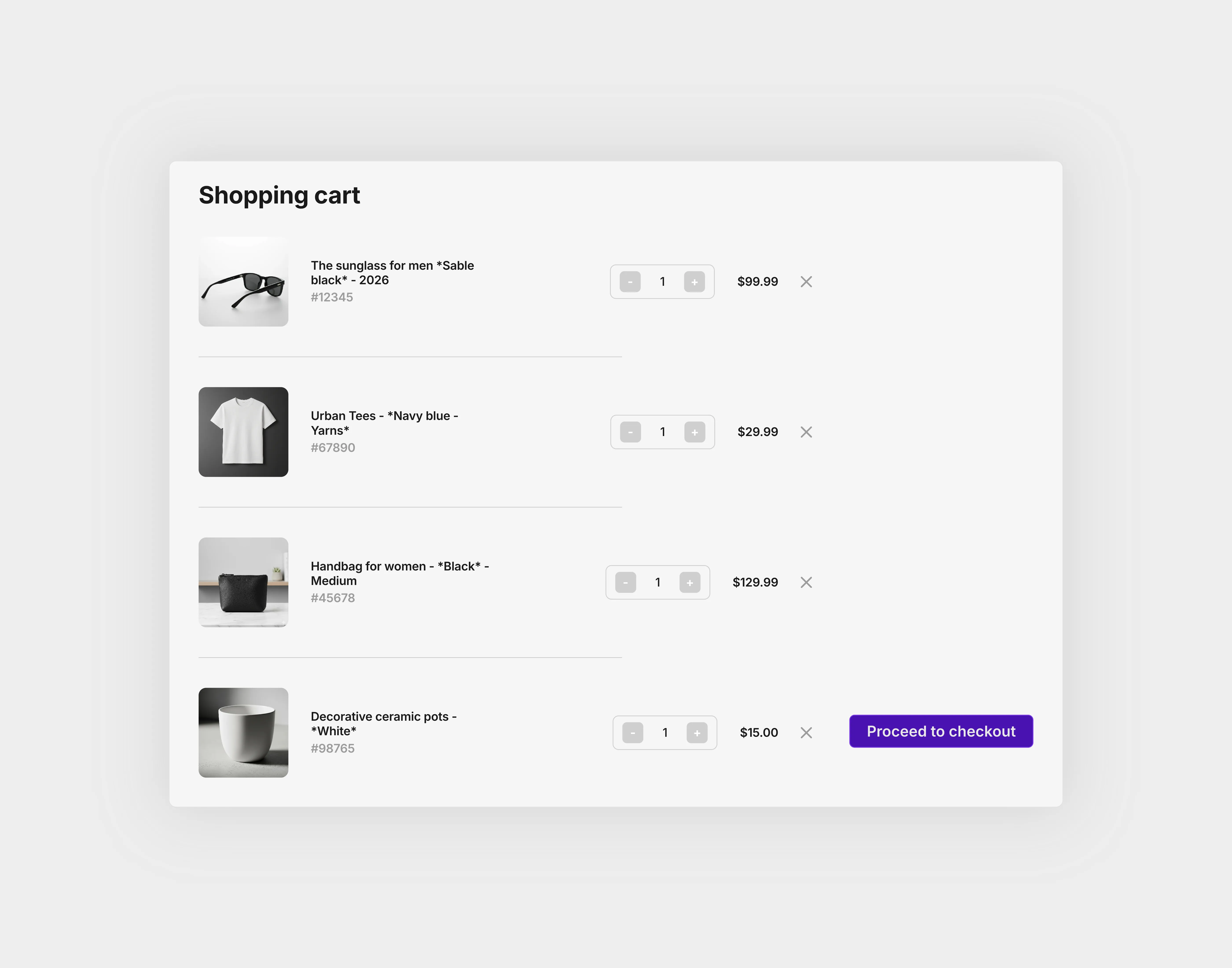 A light themed shopping cart with a few listed items in the cart.