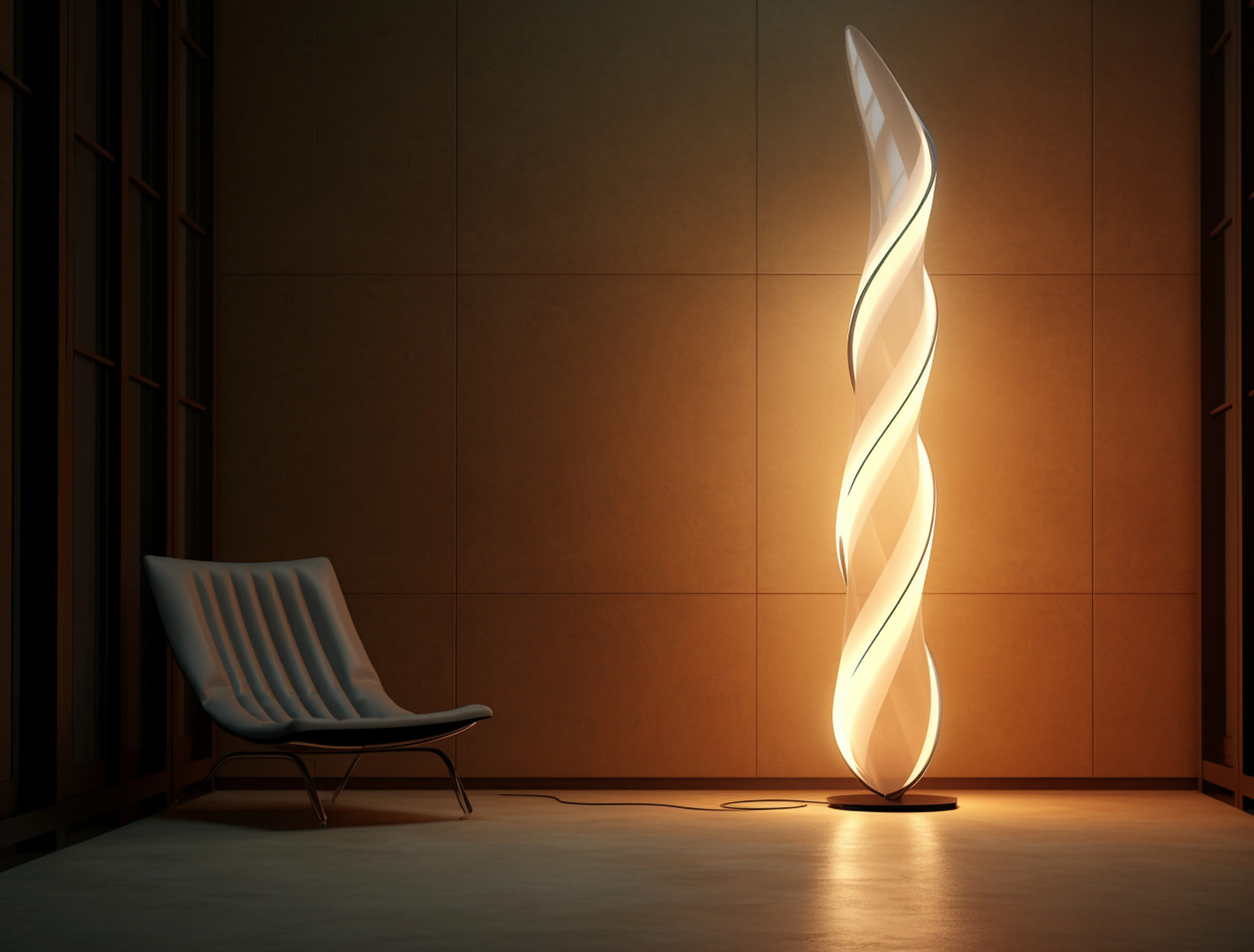 Modern wall fixture casting a vertical streak of warm ambient light in a dark interior.
