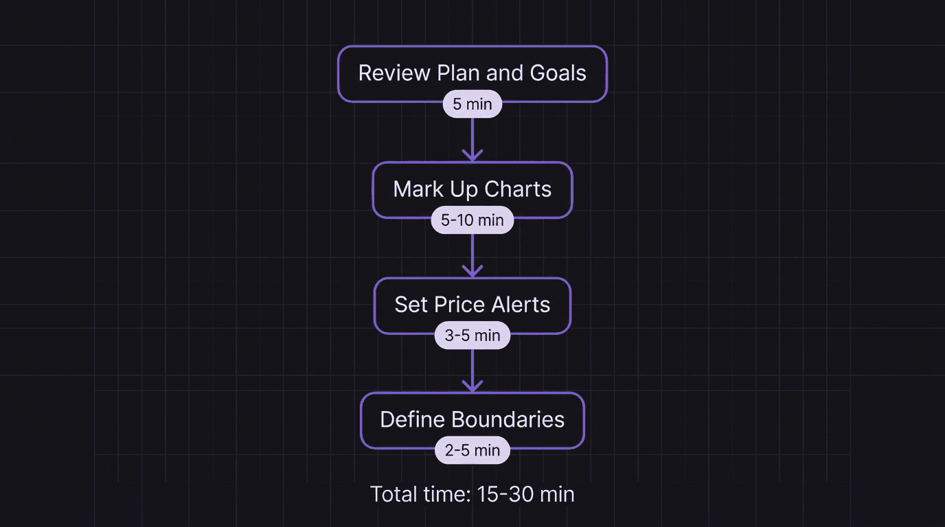 Four-step pre-market routine template showing review plan, mark charts, set alerts, and define boundaries with time estimates