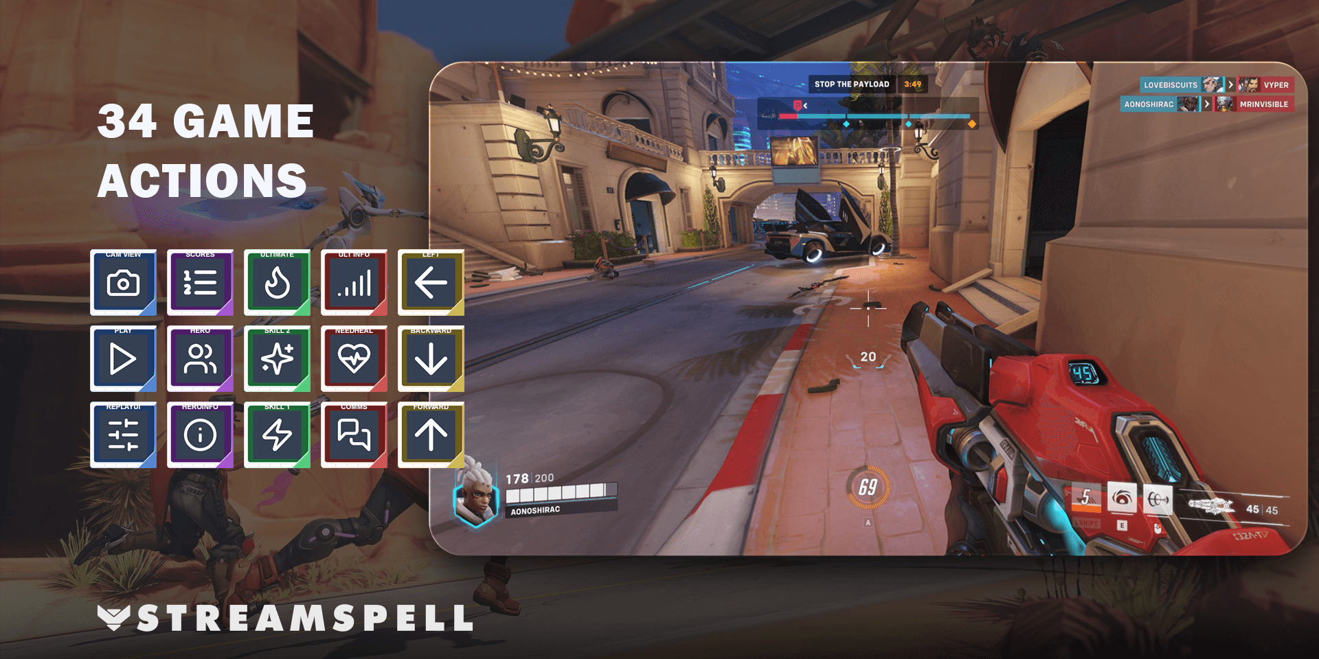 Overwatch gameplay and selected control icons in the updated product preview