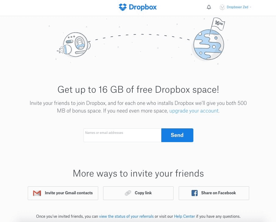 Dropbox referral program page inviting users to earn extra storage space by inviting friends