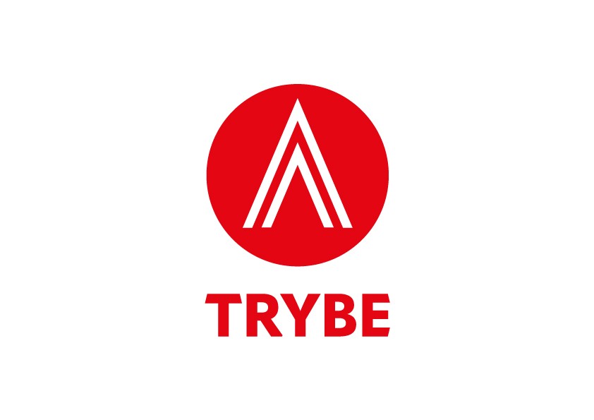 Logo design of Trybe Recruitment in red on white background