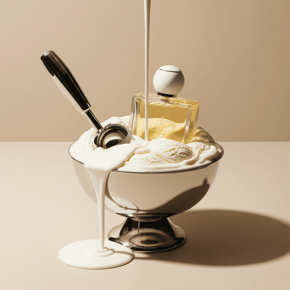 Ice cream sundae bowl with perfume bottle and melting cream