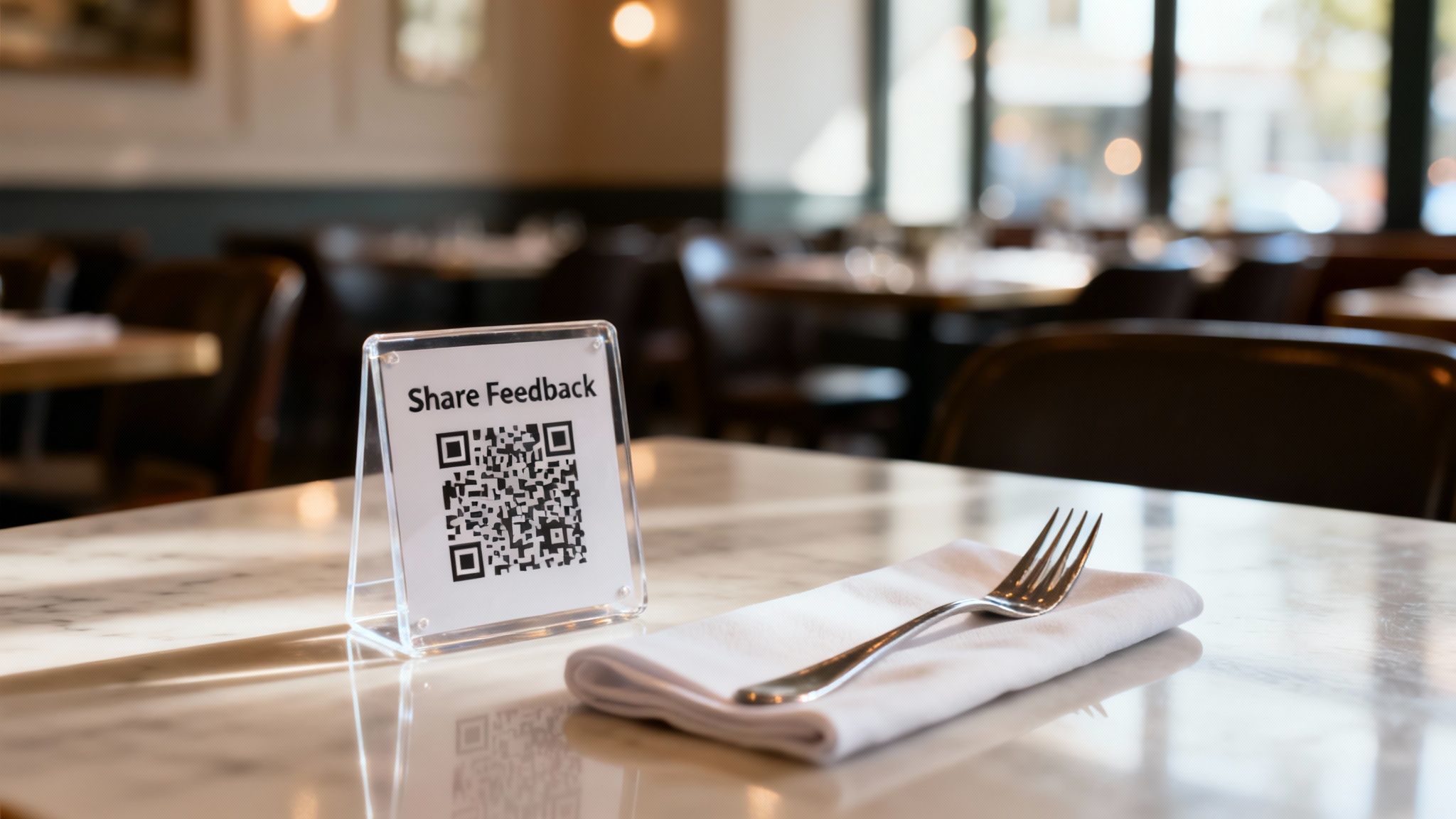 A restaurant table with a 'Share Feedback' QR code sign, a folded napkin, and a fork.