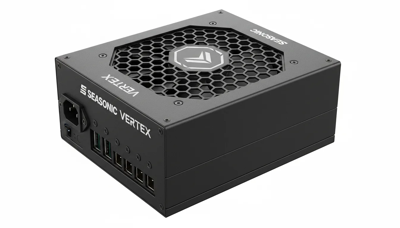 DSLR product photography of a Seasonic VERTEX PC Power Supply Unit, high-angle three-quarters view, isolated on a clean white background. The unit has a matte black textured metal casing with a honeycomb ventilation grille. The entire object is in sharp focus under soft studio lighting, showcasing the stylized fan grille on top and the AC power port on the back.